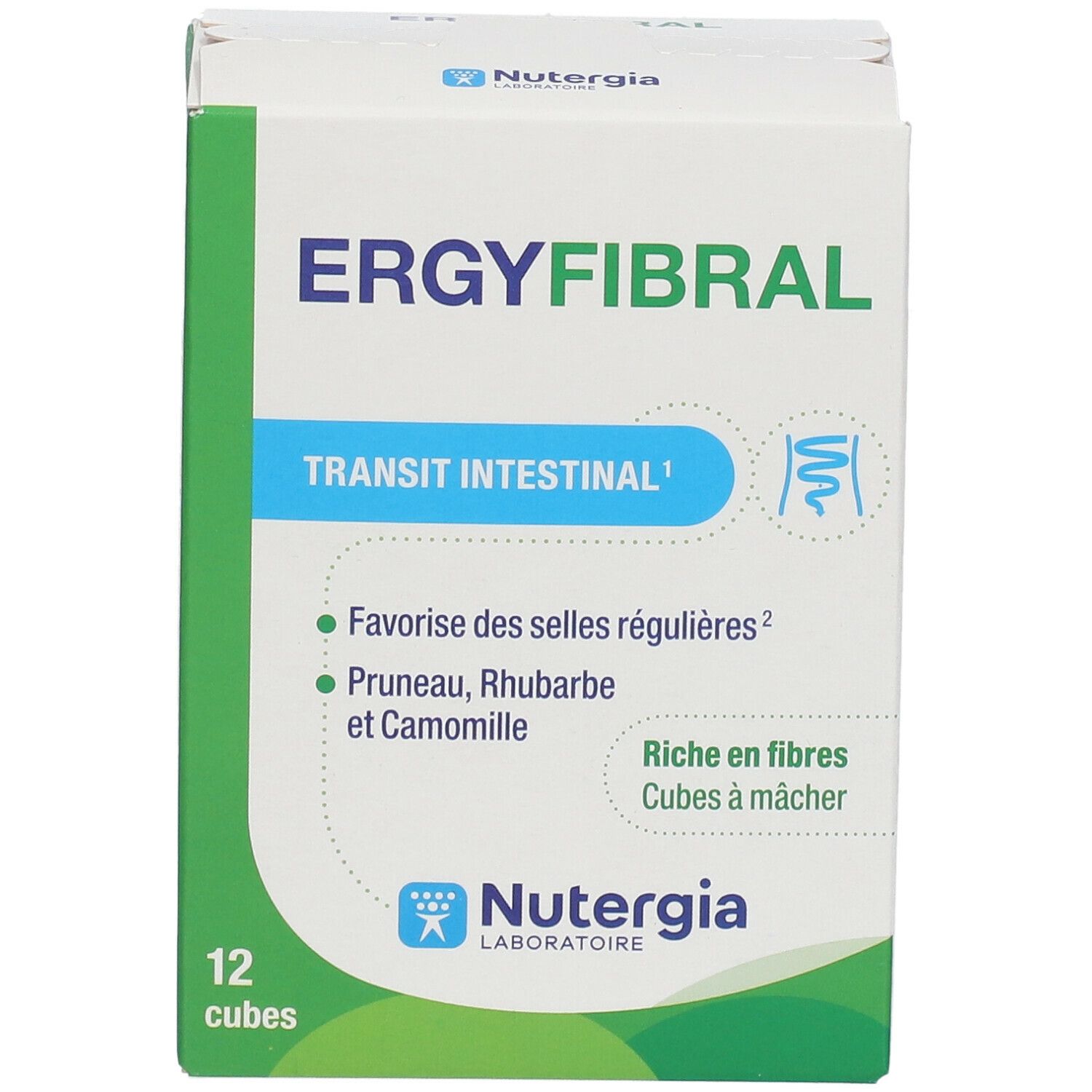 Doos "Ergyfibral" met 12 blokjes. Opschrift "Transit intestinal". Merk Nutergia. Bevat pruimen, rabarber en kamille.