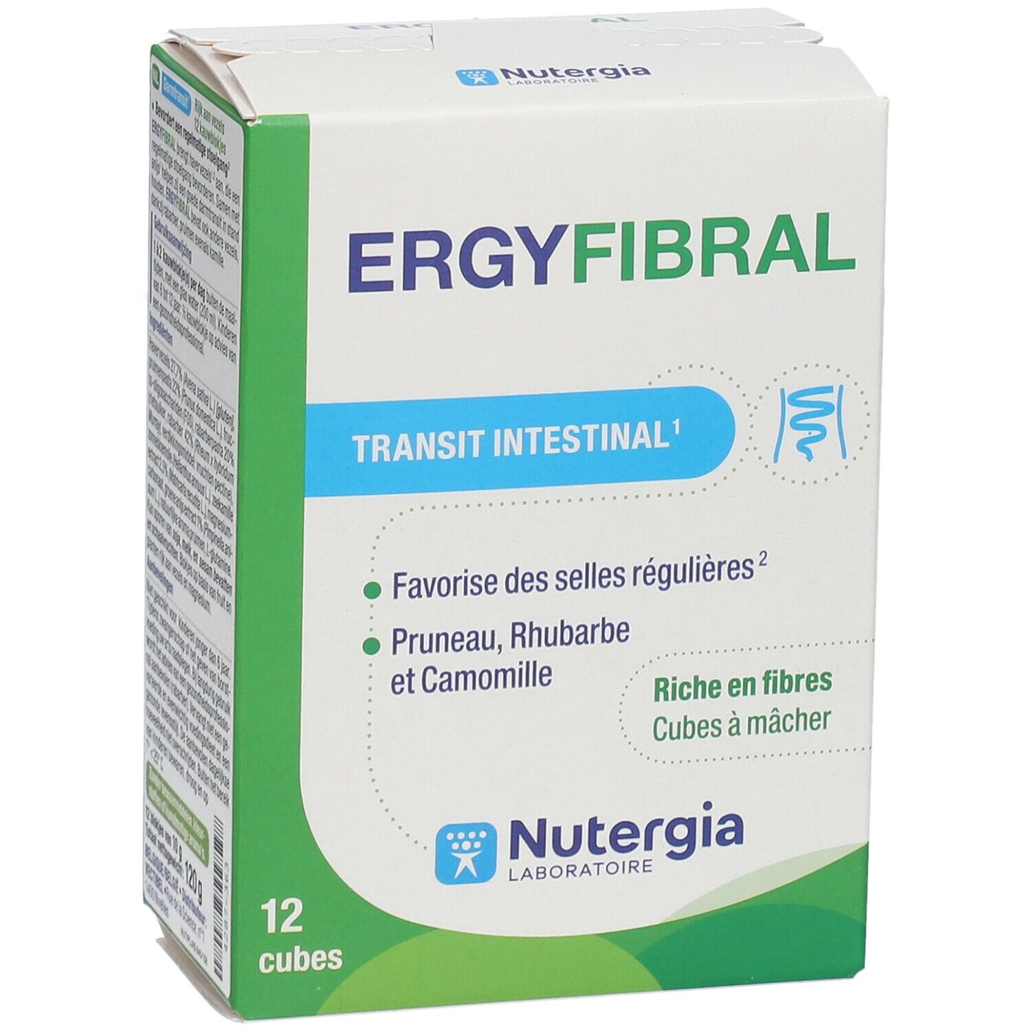 Doos "Ergyfibral" met 12 blokjes. Opschrift "Transit intestinal". Merk Nutergia. Bevat pruimen, rabarber en kamille.
