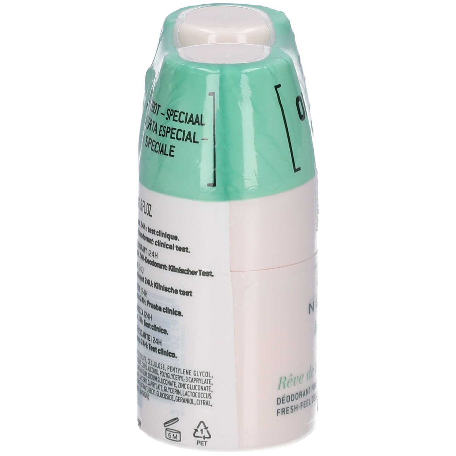 Zijaanzicht van een dubbele verpakking deodorant. Roze flacons, groene verpakking. Tekst: NUXE body, Rêve de thé, 24h.