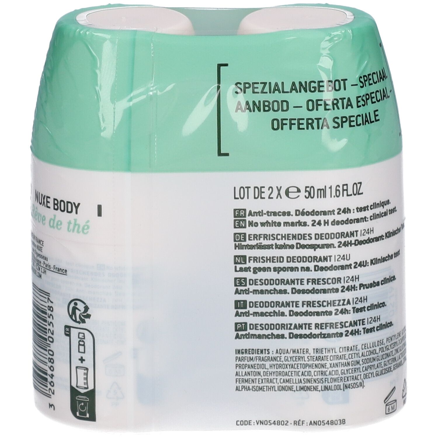 Achterkant van een dubbele verpakking deodorant. Roze flacons, groene verpakking. Tekst: NUXE body, Rêve de thé, 24h.