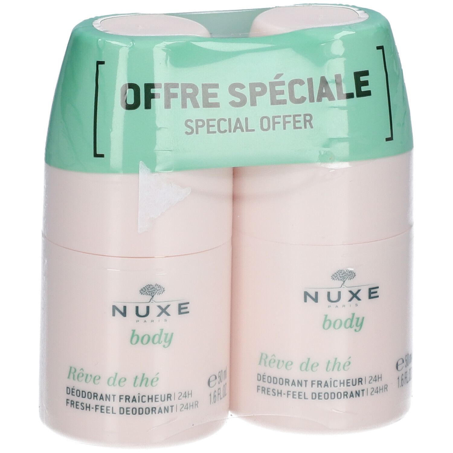 Dubbele verpakking deodorant. Roze flacons met groene verpakking. Opschrift: NUXE body, Rêve de thé, 24h frisheid.