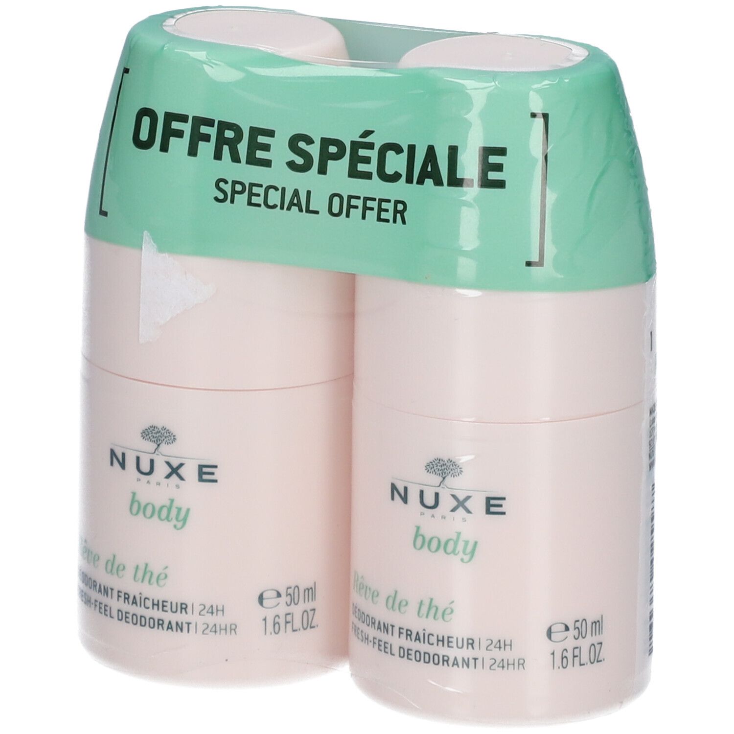 Dubbele verpakking deodorant. Roze flacons met groene verpakking. Opschrift: NUXE body, Rêve de thé, 24h frisheid.