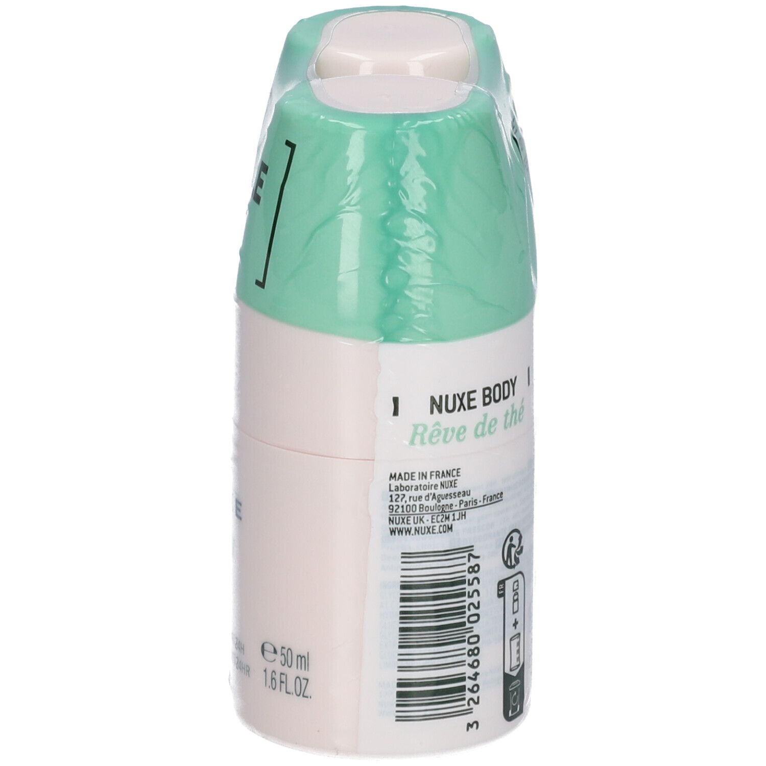 Deodorantflacon, zijaanzicht. Roze flacon, groene verpakking. Tekst: NUXE body, Rêve de thé, 24h.