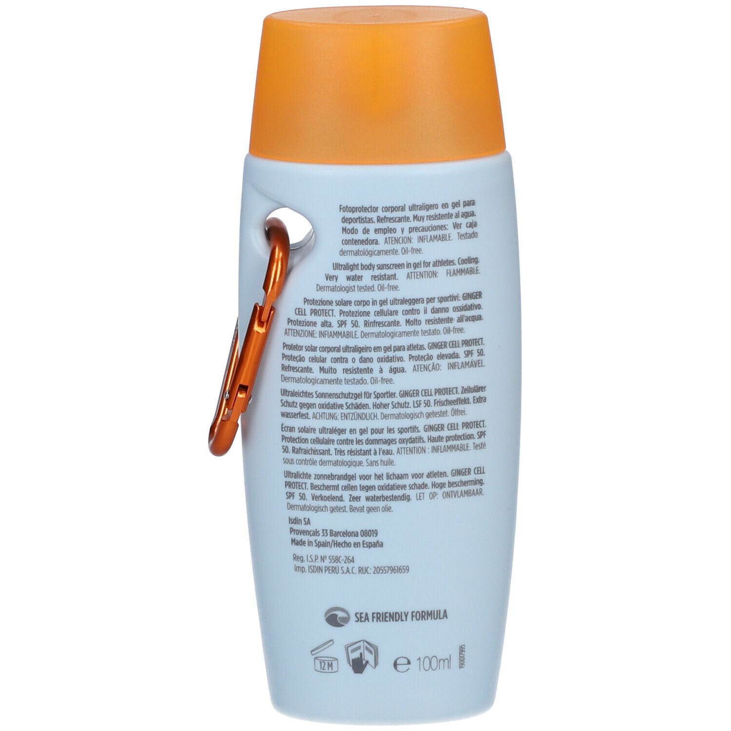 Achterkant van de FOTOPROTECTOR ISDIN® FusionGel SPORT LSF 50 fles. Meertalige tekst. Karabijnhaak.