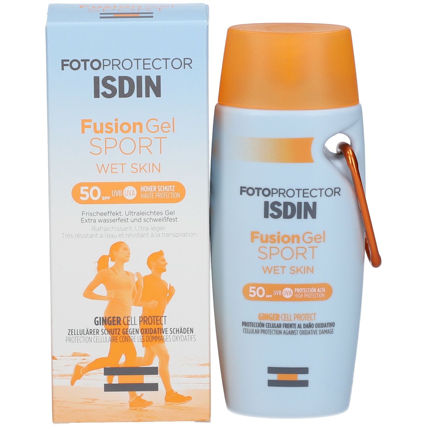 FOTOPROTECTOR ISDIN® FusionGel SPORT LSF 50 en verpakking. Blauwe verpakking met productafbeelding en tekst.