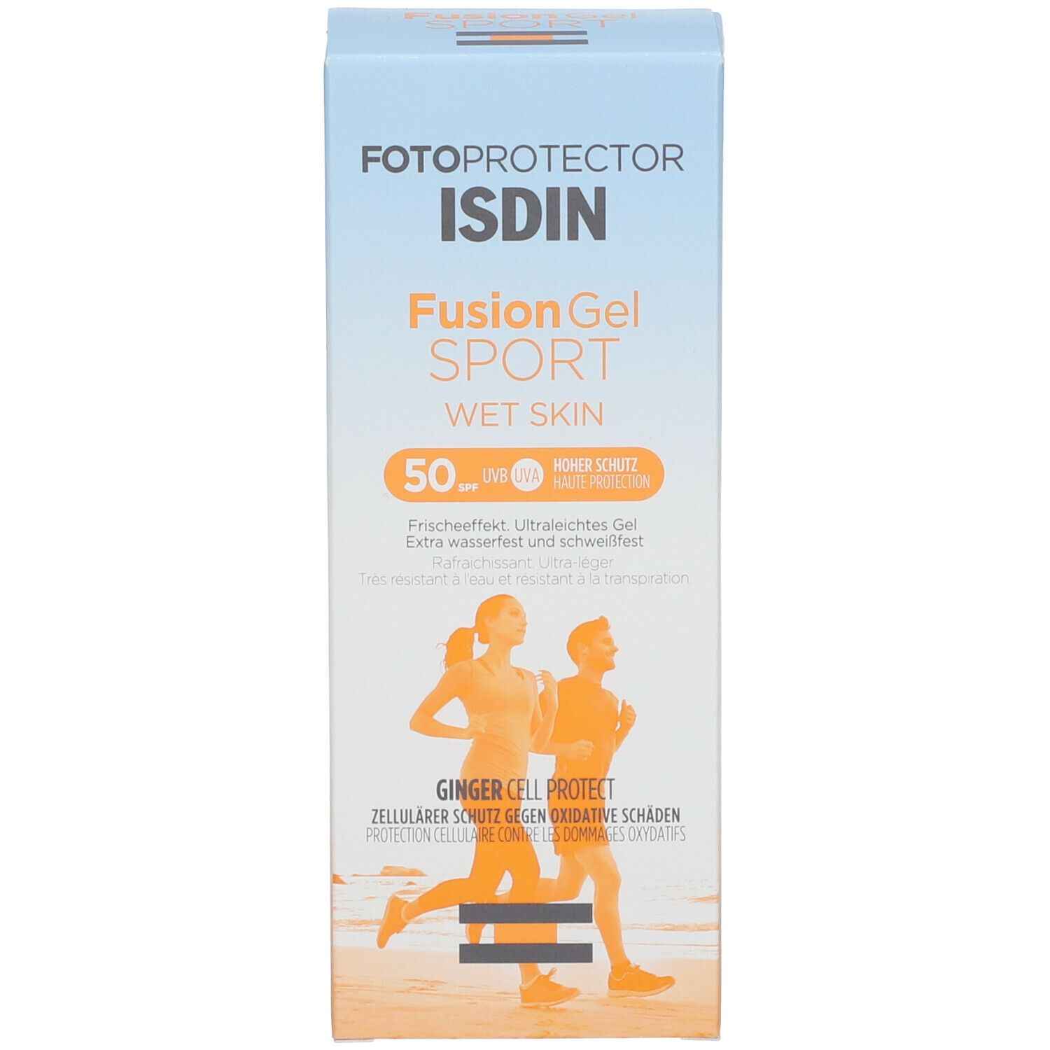 Verpakking van FOTOPROTECTOR ISDIN® FusionGel SPORT LSF 50. Blauwe verpakking met productafbeelding en tekst.