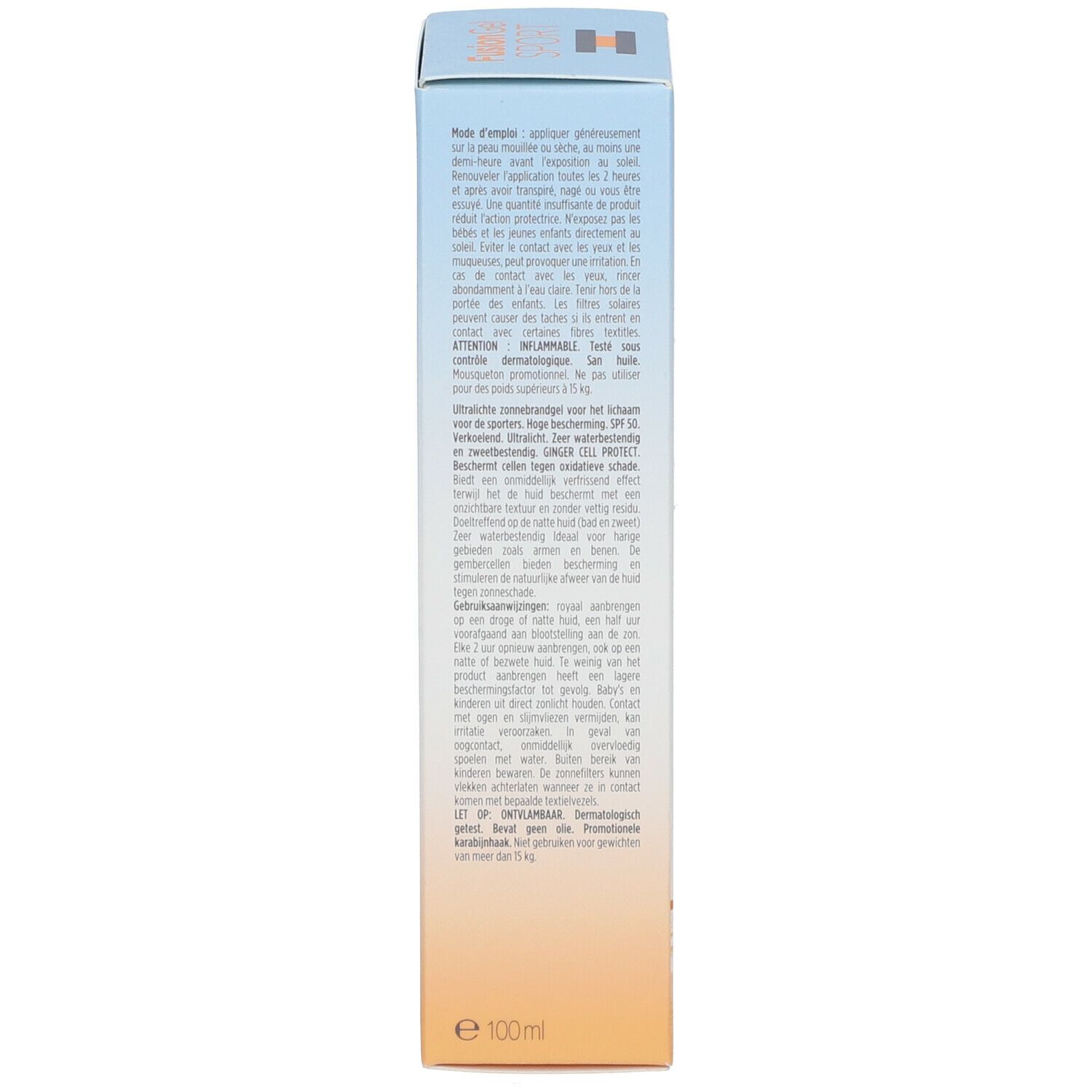 Zijkant van de verpakking van FOTOPROTECTOR ISDIN® FusionGel SPORT LSF 50. Meertalige tekst.