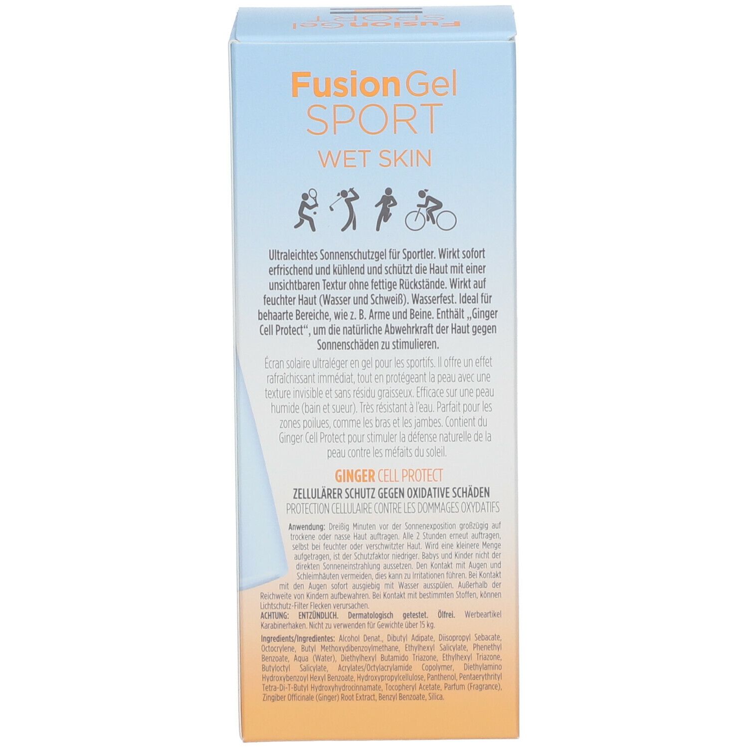 Zijkant van de verpakking van FOTOPROTECTOR ISDIN® FusionGel SPORT LSF 50. Tekst en illustraties.