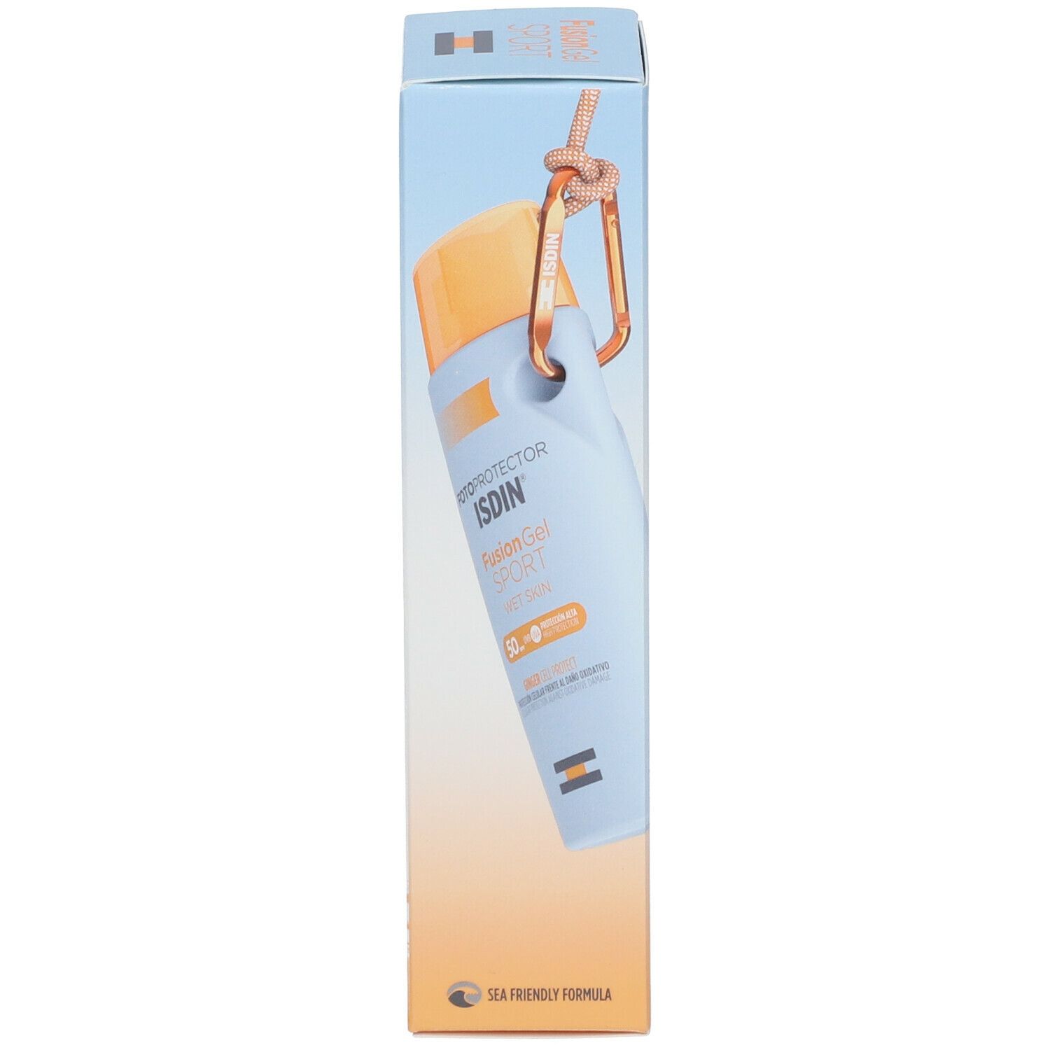 Verpakking van FOTOPROTECTOR ISDIN® FusionGel SPORT LSF 50. Product en karabijnhaak afgebeeld.