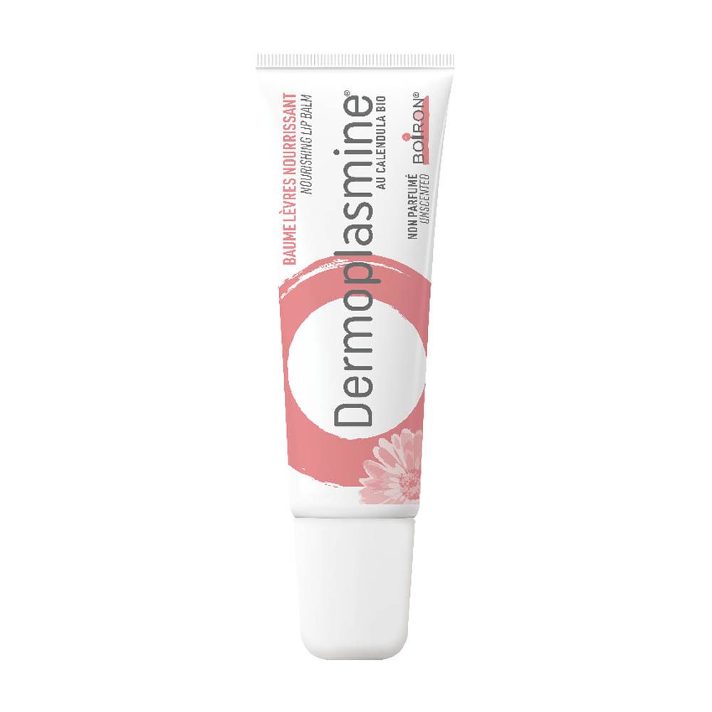 Tube BOIRON® DERMOPLASMINE® lippenbalsem. Witte tube met roze opdruk. Productnaam en logo. Ongeparfumeerd.