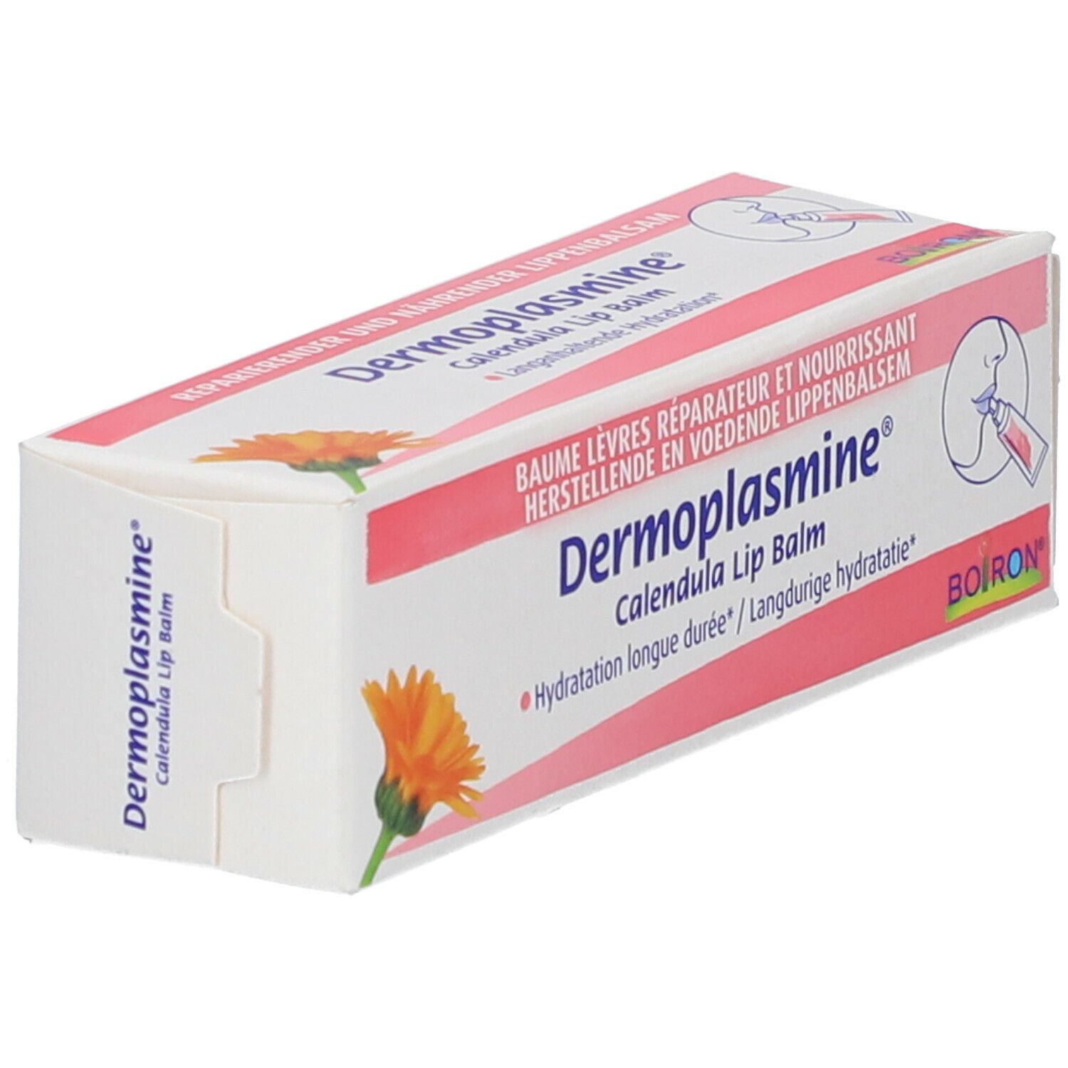 Schachtel BOIRON® DERMOPLASMINE® Lippenbalsam. Rosa-weiße Verpackung mit Produktnamen und Logo. Abbildung einer Blüte.