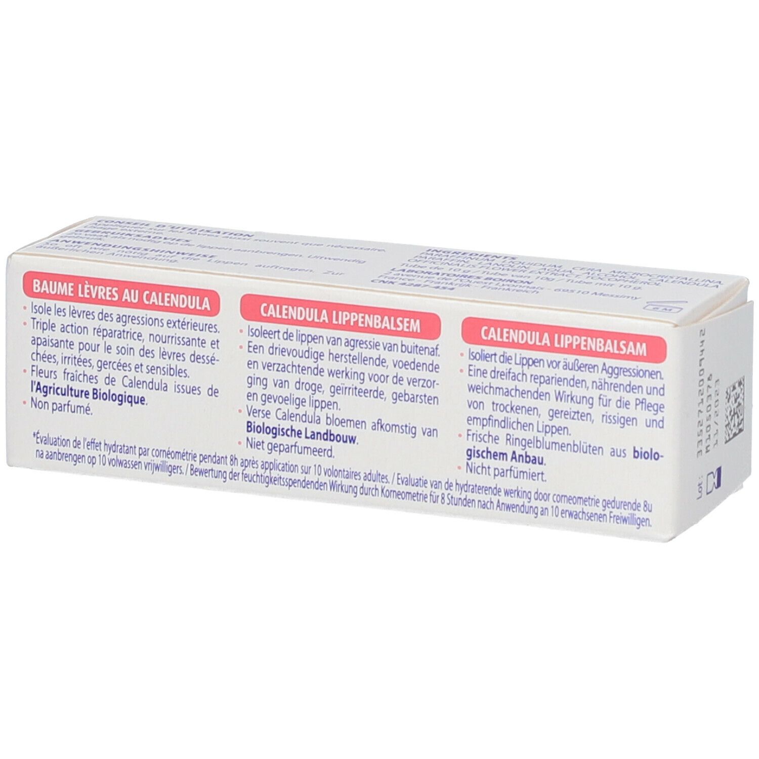Rückseite der Schachtel BOIRON® DERMOPLASMINE® Lippenbalsam. Text in Deutsch, Französisch und Niederländisch. Drei Abschnitte.