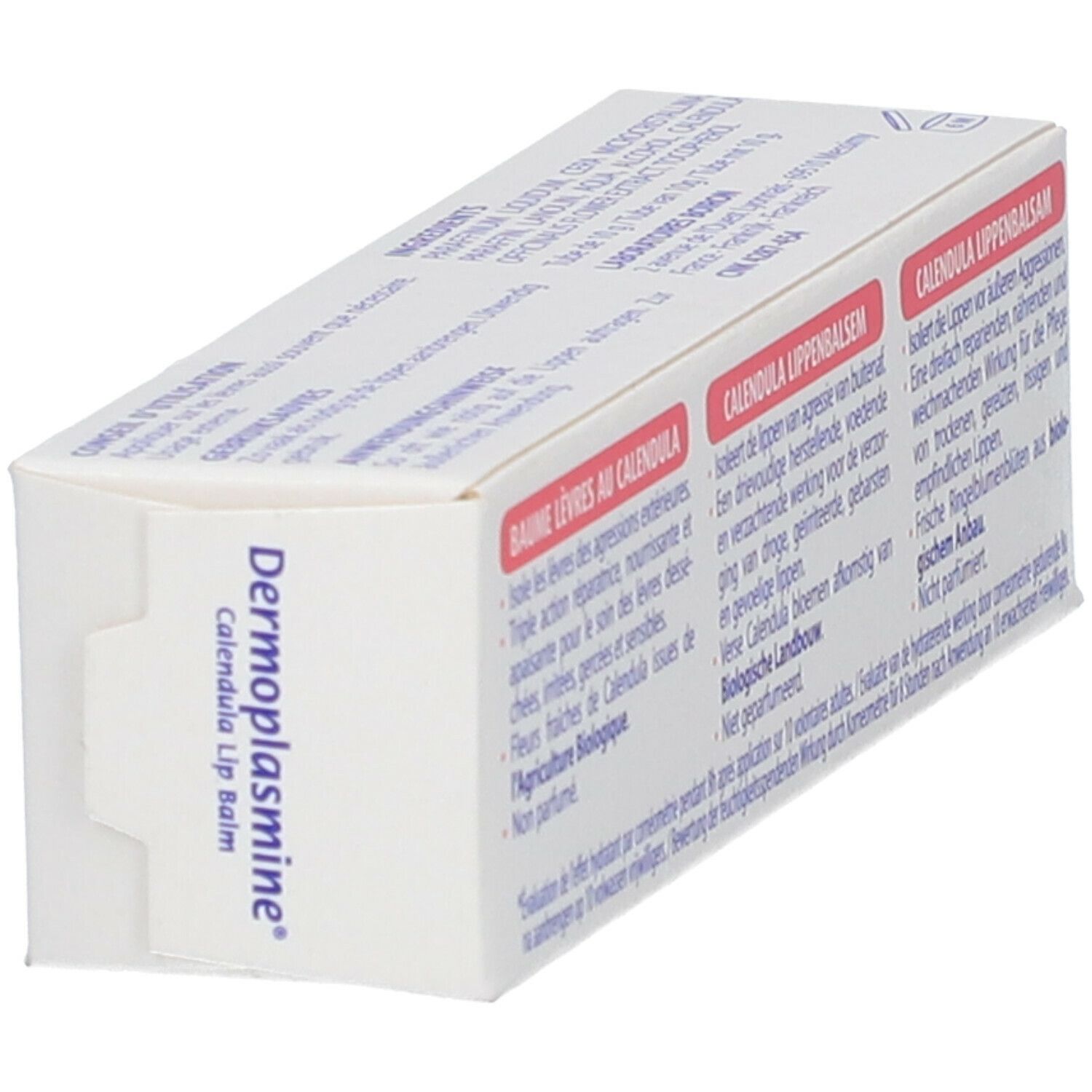 Seite der Schachtel BOIRON® DERMOPLASMINE® Lippenbalsam. Produktname und Logo. Text in Deutsch, Französisch und Niederländisch.