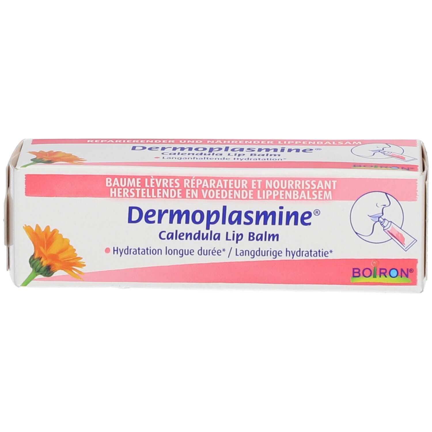 Schachtel mit BOIRON® DERMOPLASMINE® Lippenbalsam. Rosa-weiße Verpackung mit Produktnamen und Logo. Abbildung einer Blüte.