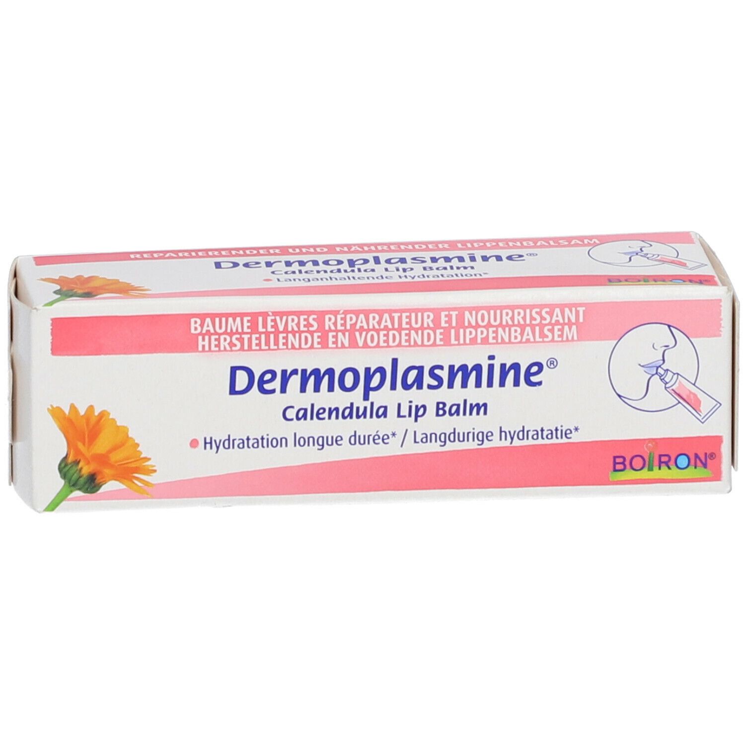 Schachtel mit BOIRON® DERMOPLASMINE® Lippenbalsam. Rosa-weiße Verpackung mit Produktnamen und Logo. Abbildung einer Blüte.