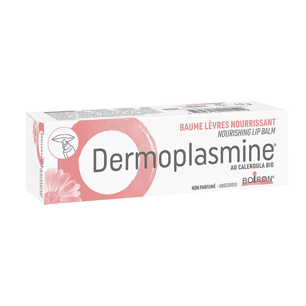 Doosje BOIRON® DERMOPLASMINE® lippenbalsem. Roze-witte verpakking met productnaam en logo. Ongeparfumeerd.