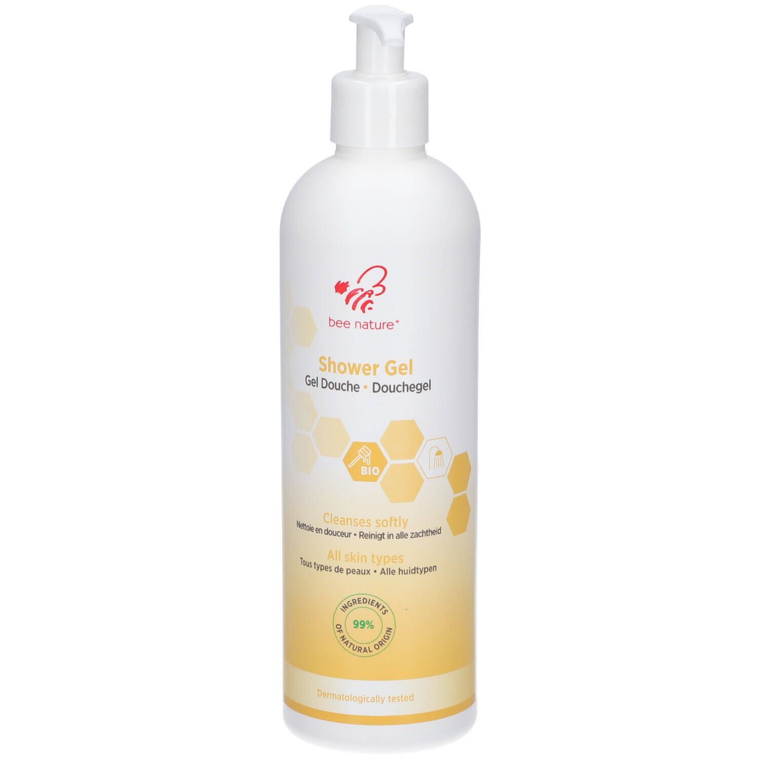Weißer Spender mit gelbem Farbverlauf. Aufschrift: Bee Nature, Shower Gel, Bio-Siegel. Enthält 99% natürliche Inhaltsstoffe.
