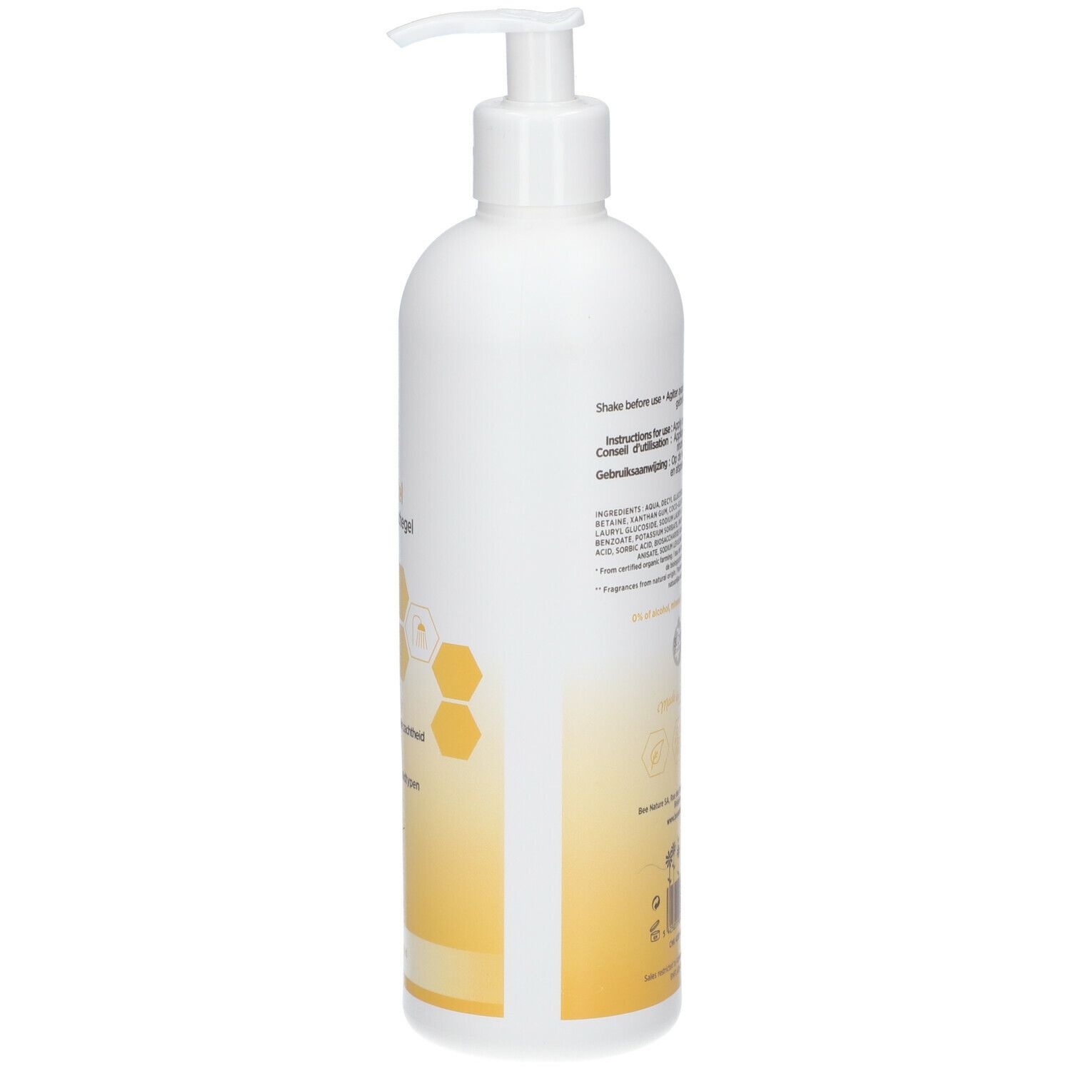 Weißer Spender mit gelbem Farbverlauf. Aufschrift: Bee Nature, Shower Gel, Bio-Siegel. Enthält 99% natürliche Inhaltsstoffe.
