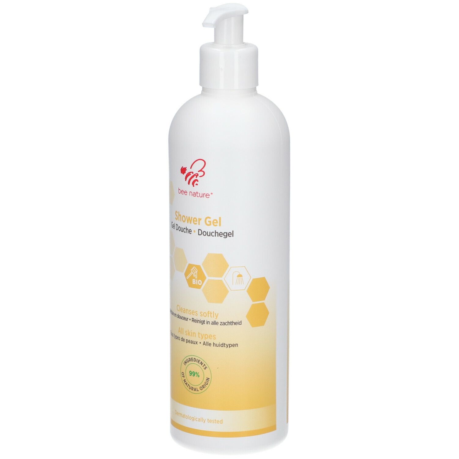 Weißer Spender mit gelbem Farbverlauf. Aufschrift: Bee Nature, Shower Gel, Bio-Siegel. Enthält 99% natürliche Inhaltsstoffe.