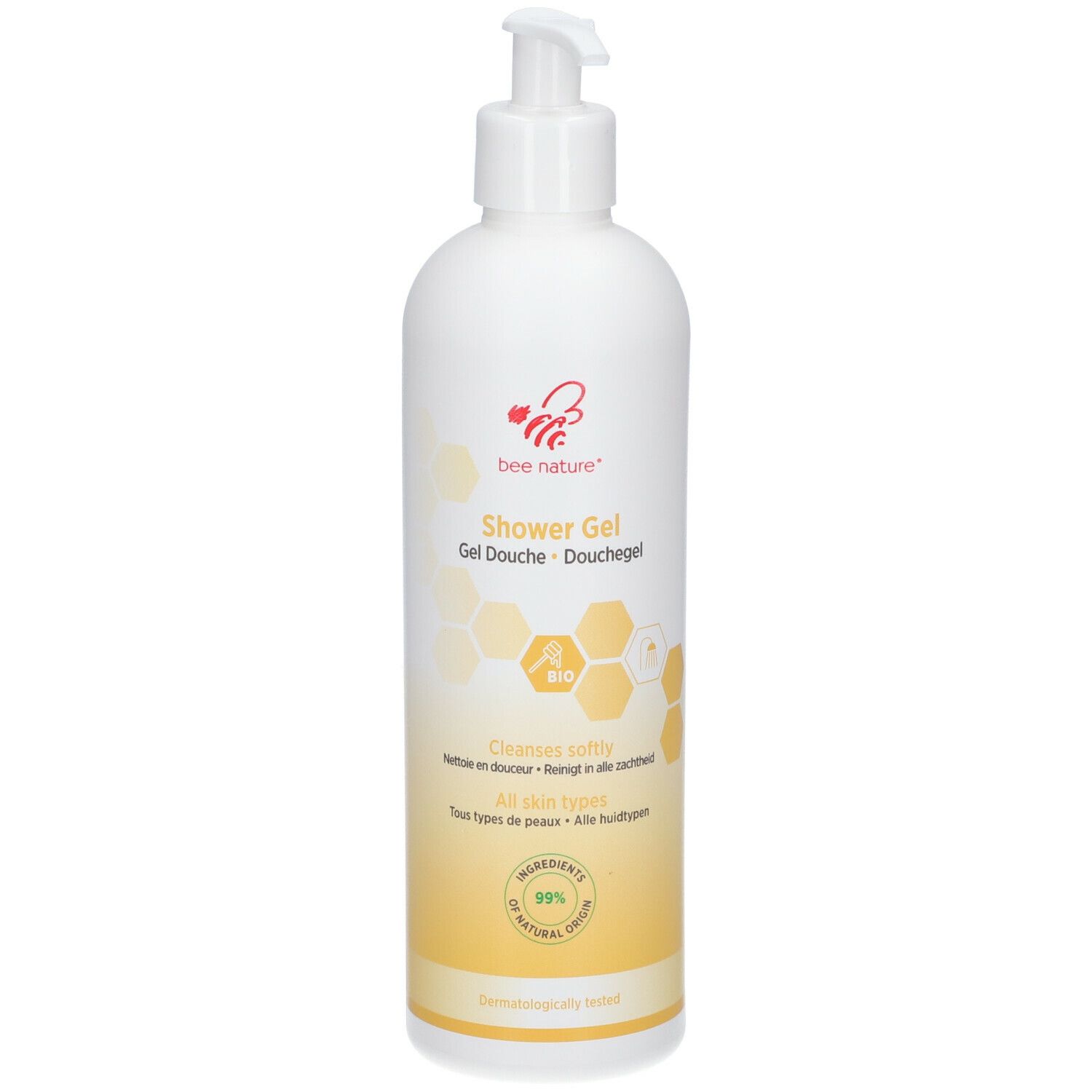 Weißer Spender mit gelbem Farbverlauf. Aufschrift: Bee Nature, Shower Gel, Bio-Siegel. Enthält 99% natürliche Inhaltsstoffe.