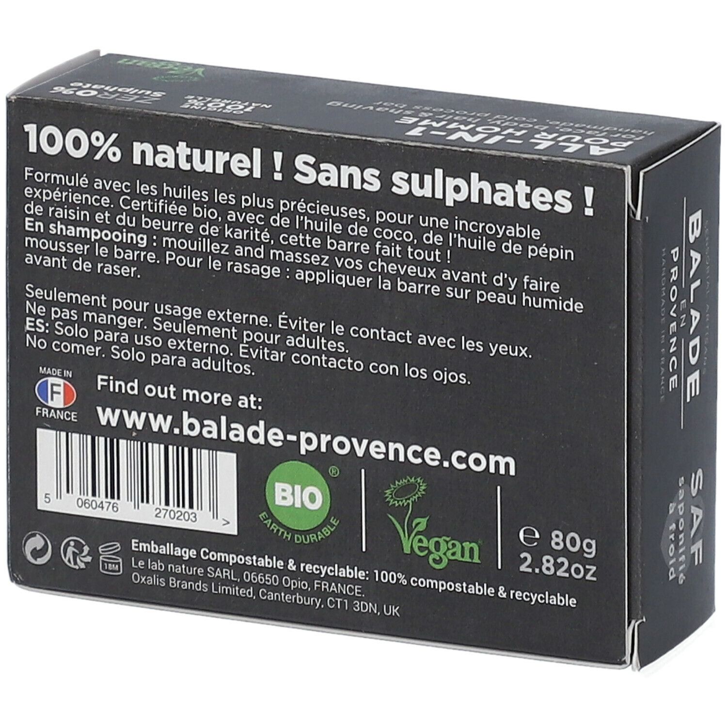 Achterkant zwarte verpakking. Tekst: BIO-certificering, Vegan, ingrediënten, www.balade-provence.com, 80g.