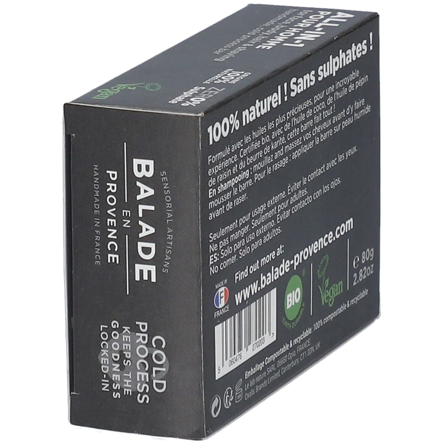 Zwarte verpakking, schuin. Tekst: BALADE EN PROVENCE, ALL-IN-1 POUR HOMME, ZERO% Sulphate, BIO-certificering.