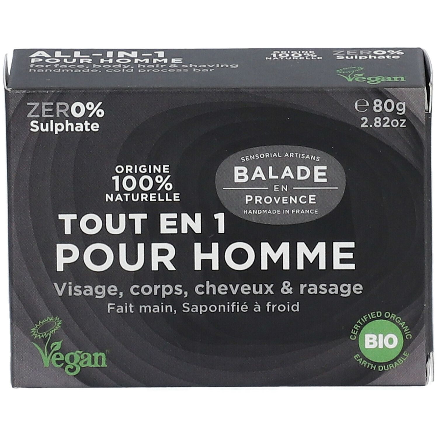 Zwarte verpakking met productinfo. Tekst: ALL-IN-1 POUR HOMME, ZERO% Sulphate, Vegan, BIO-certificering.