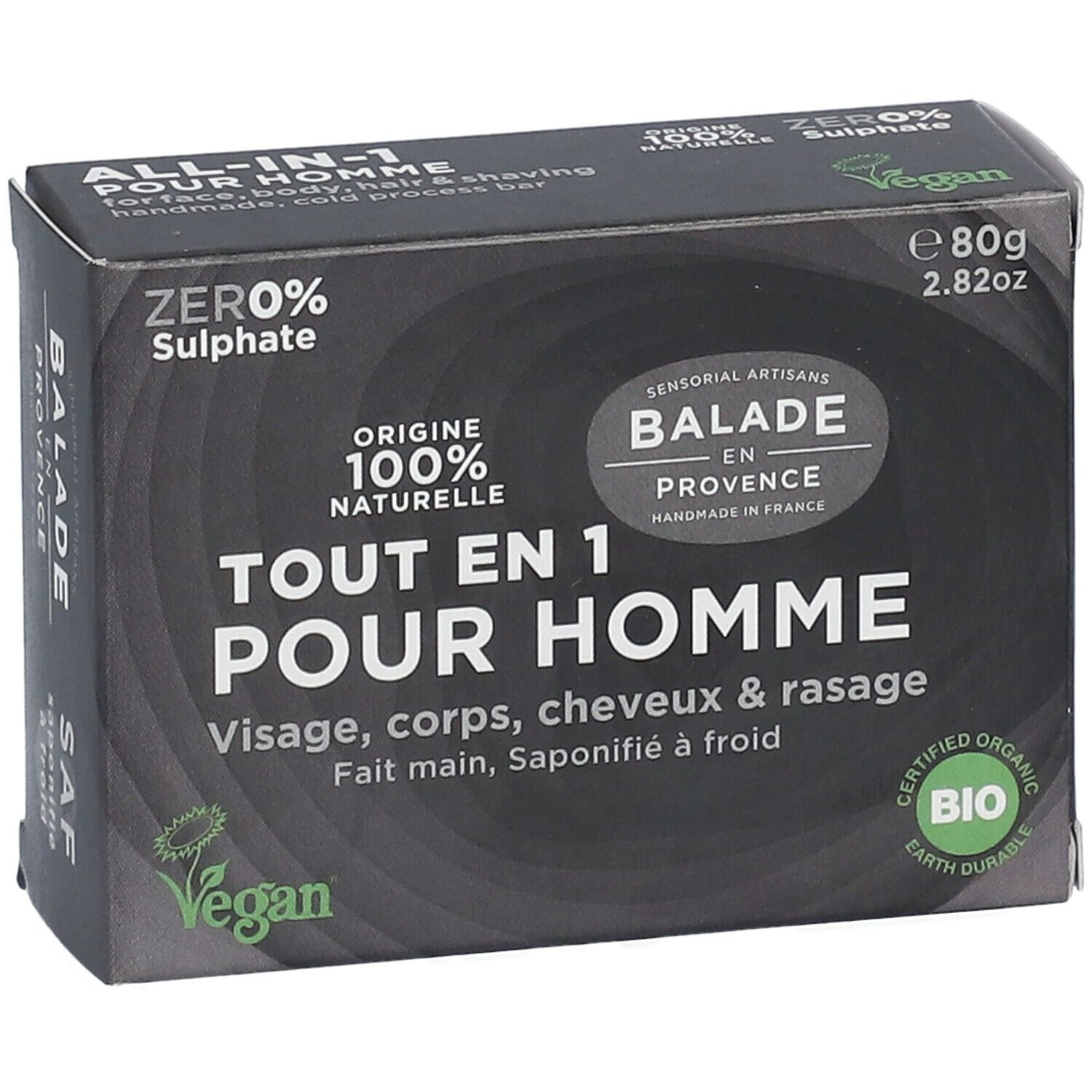 Zwarte verpakking met productinfo. Tekst: ALL-IN-1 POUR HOMME, ZERO% Sulphate, Vegan, BIO-certificering.