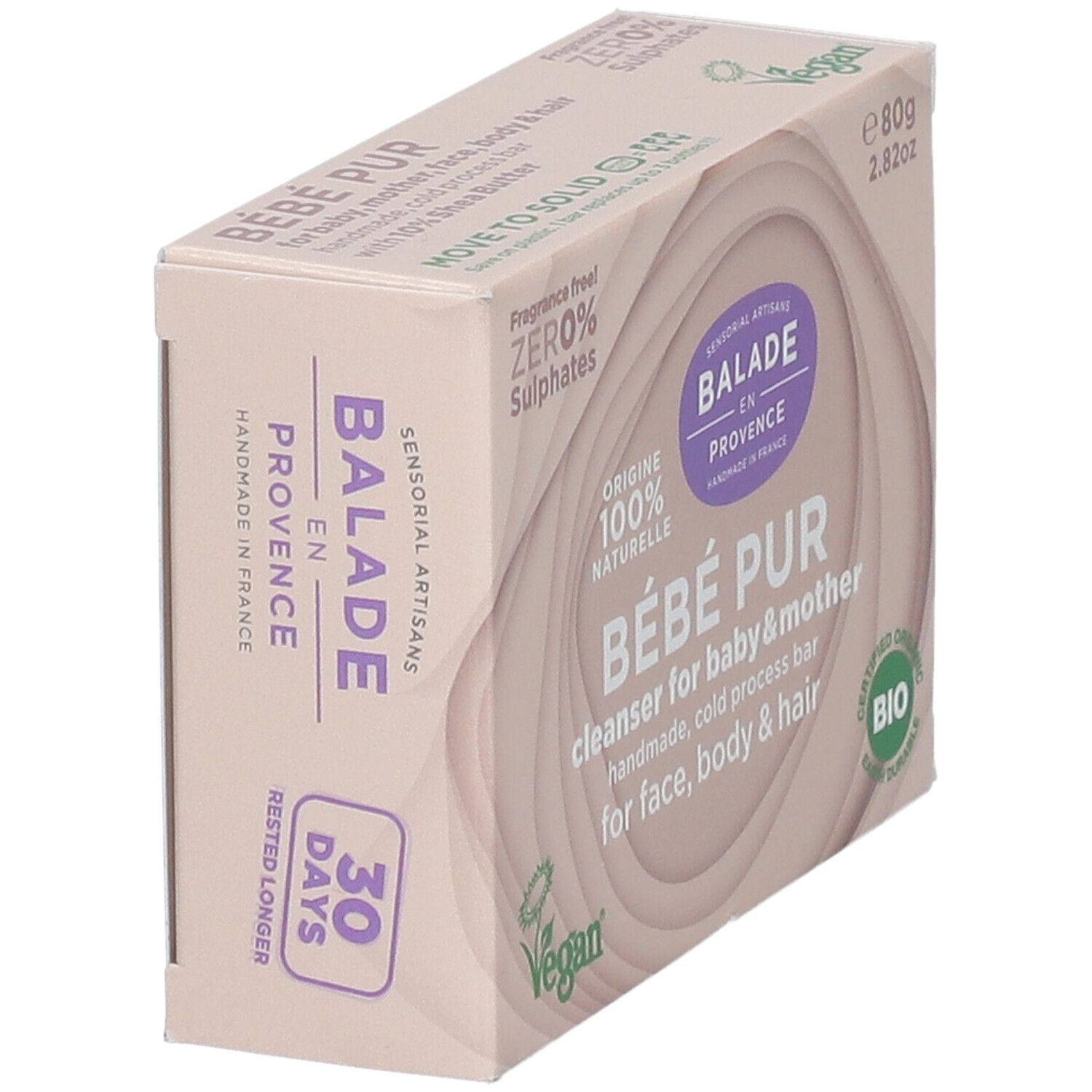 Doosje "Bébé Pur" zeep. Roze verpakking met productnaam, logo en bio-certificering. Vegan. 30 dagen.