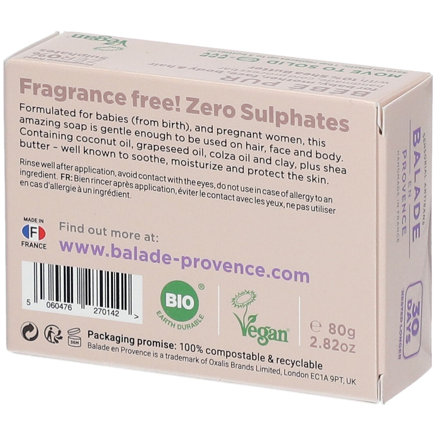 Achterkant van de "Bébé Pur" zeepdoos. Tekst over ingrediënten, gebruik en certificeringen. Bio, Vegan.