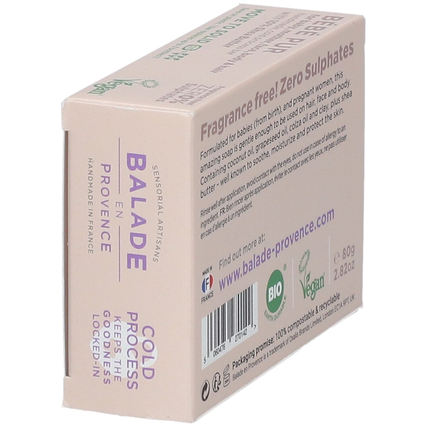 Zeepdoos "Bébé Pur". Tekst over ingrediënten, gebruik en certificeringen. Bio, Vegan.