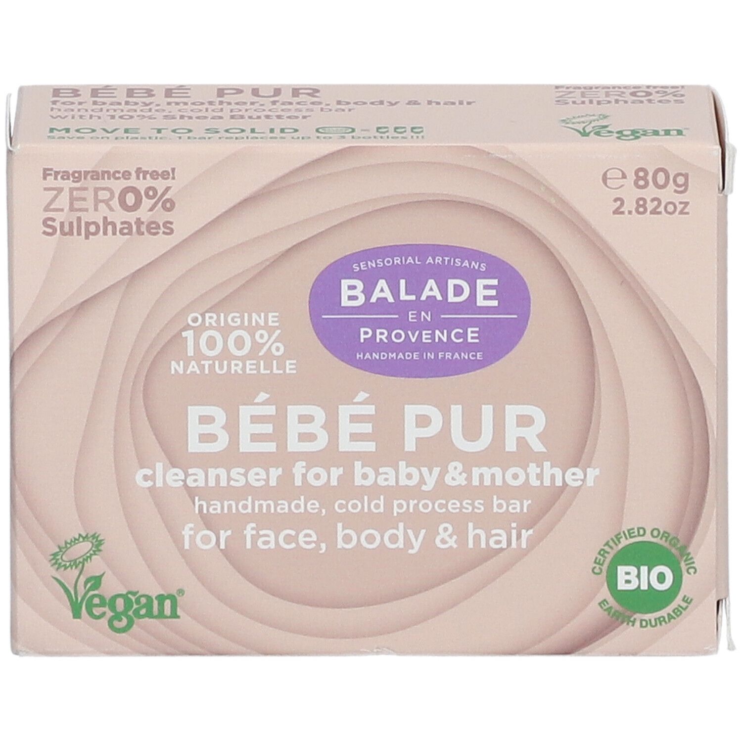 Doosje met "Bébé Pur" zeep. Roze verpakking met productnaam, logo en bio-certificering. Vegan.