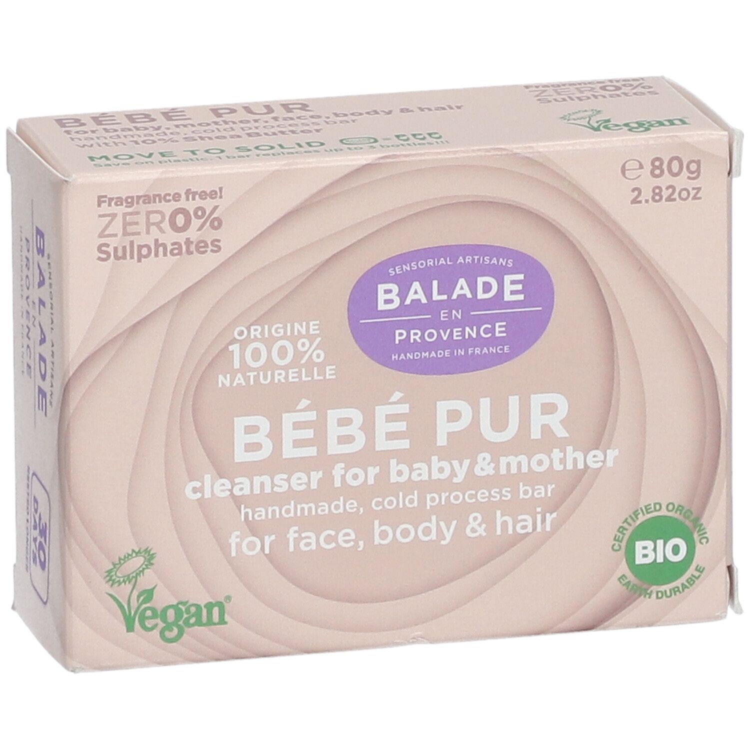 Doosje met "Bébé Pur" zeep. Roze verpakking met productnaam, logo en bio-certificering. Vegan.