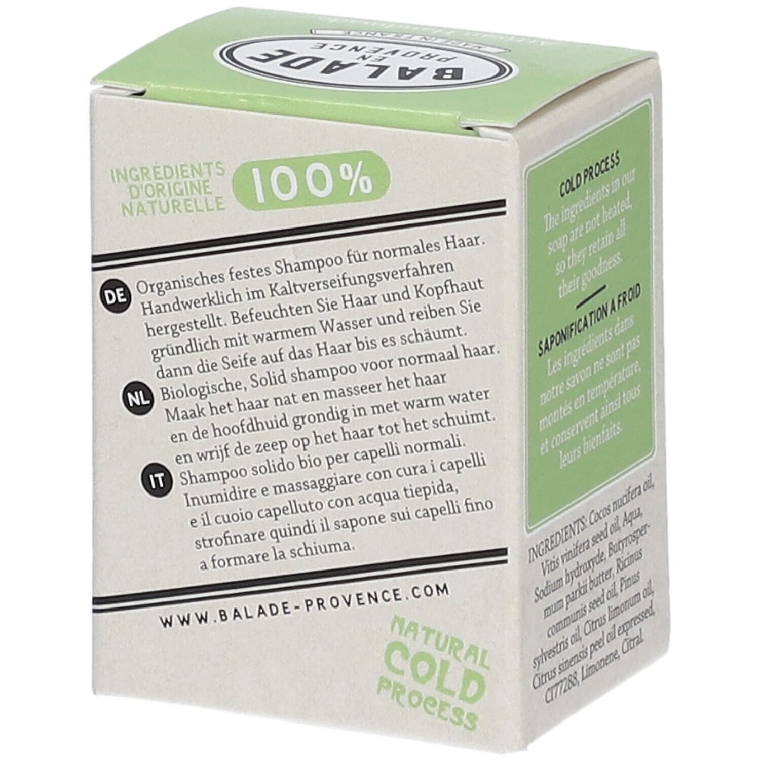 Grüne Schachtel mit Shampoo. Aufschrift: Balade en Provence, festes Shampoo für normales Haar, 100% natürliche Inhaltsstoffe.