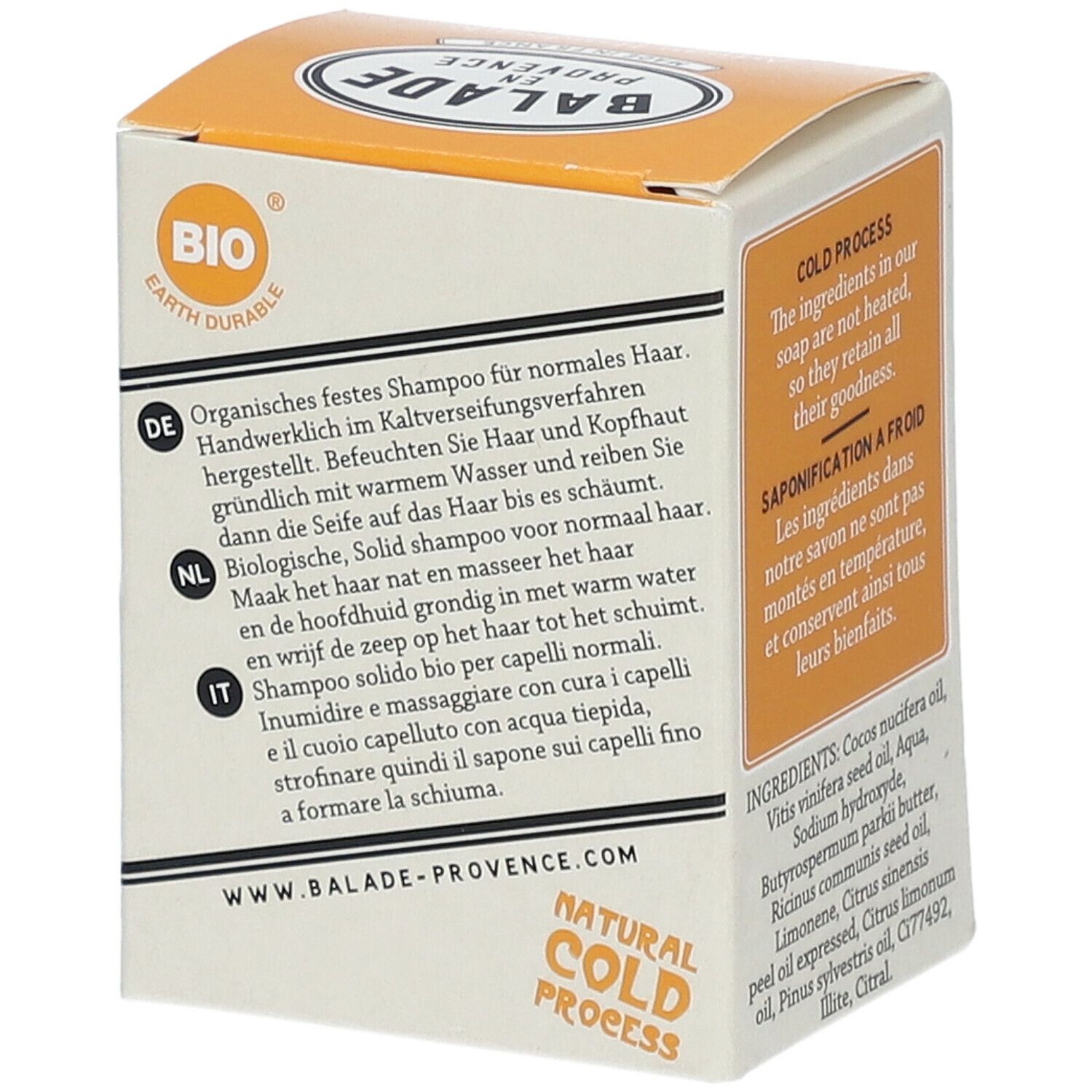 Zijkant van de shampoo verpakking. Gebruiksinformatie en Bio certificering. Tekst in het Duits, Nederlands en Italiaans.