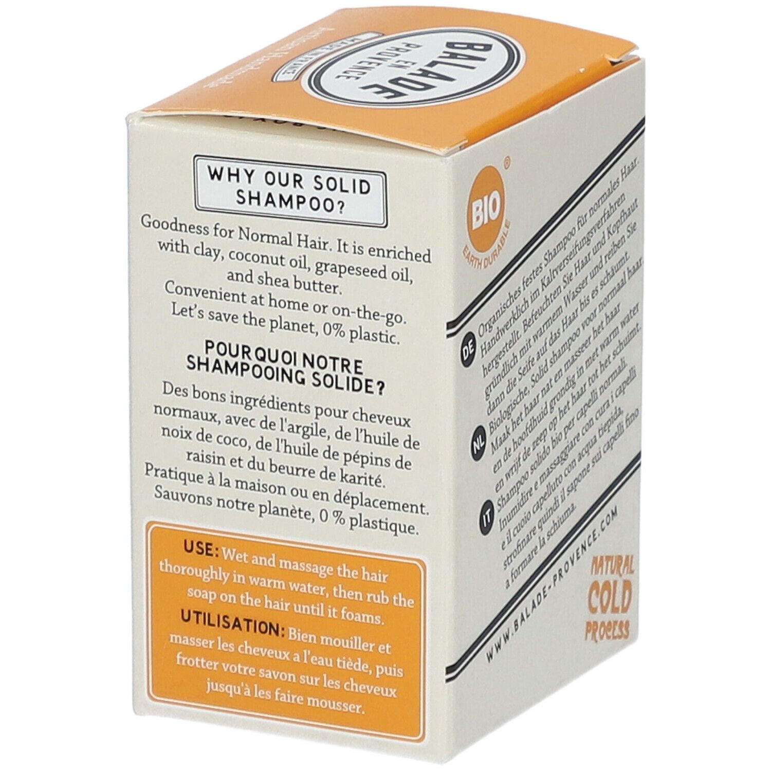 Zijkant van de shampoo verpakking. Informatie over ingrediënten en voordelen. Bio certificering.