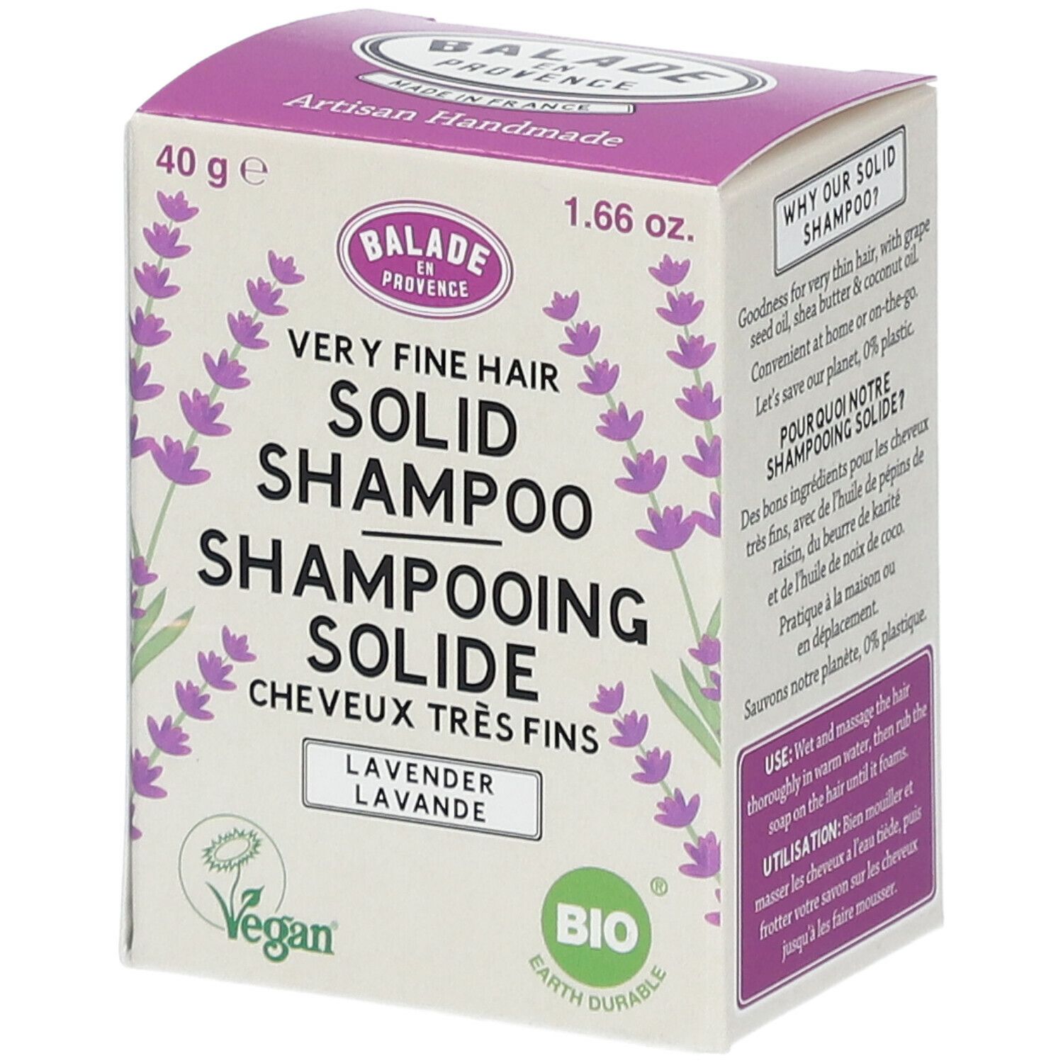 Paarse doos met vaste shampoo. Opschrift: Balade en Provence, zeer fijn haar, lavendel. Vegan- en bio-labels.