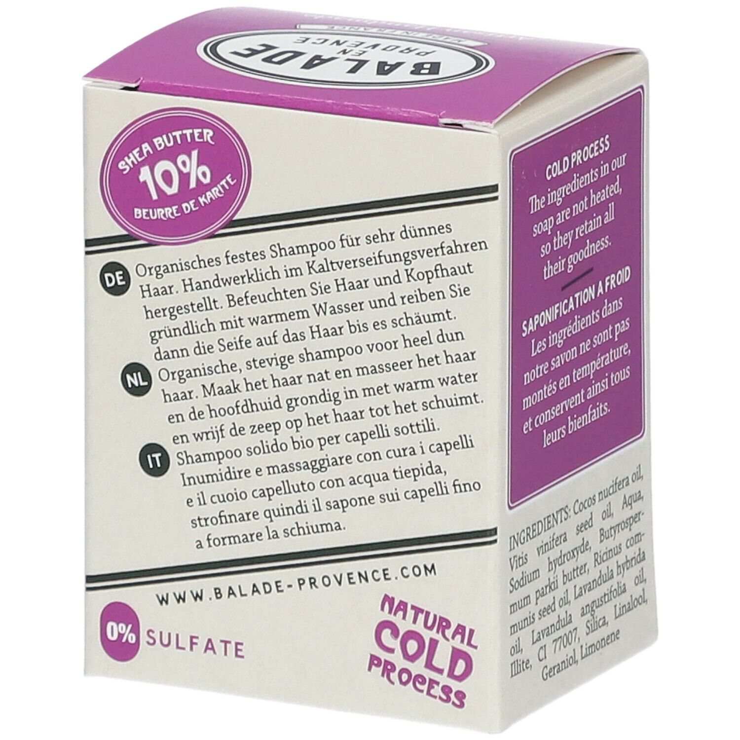 Achterkant van de paarse doos met vaste shampoo. Tekst: Shea Butter 10%, Natural Cold Process, 0% Sulfate. Bio-label.
