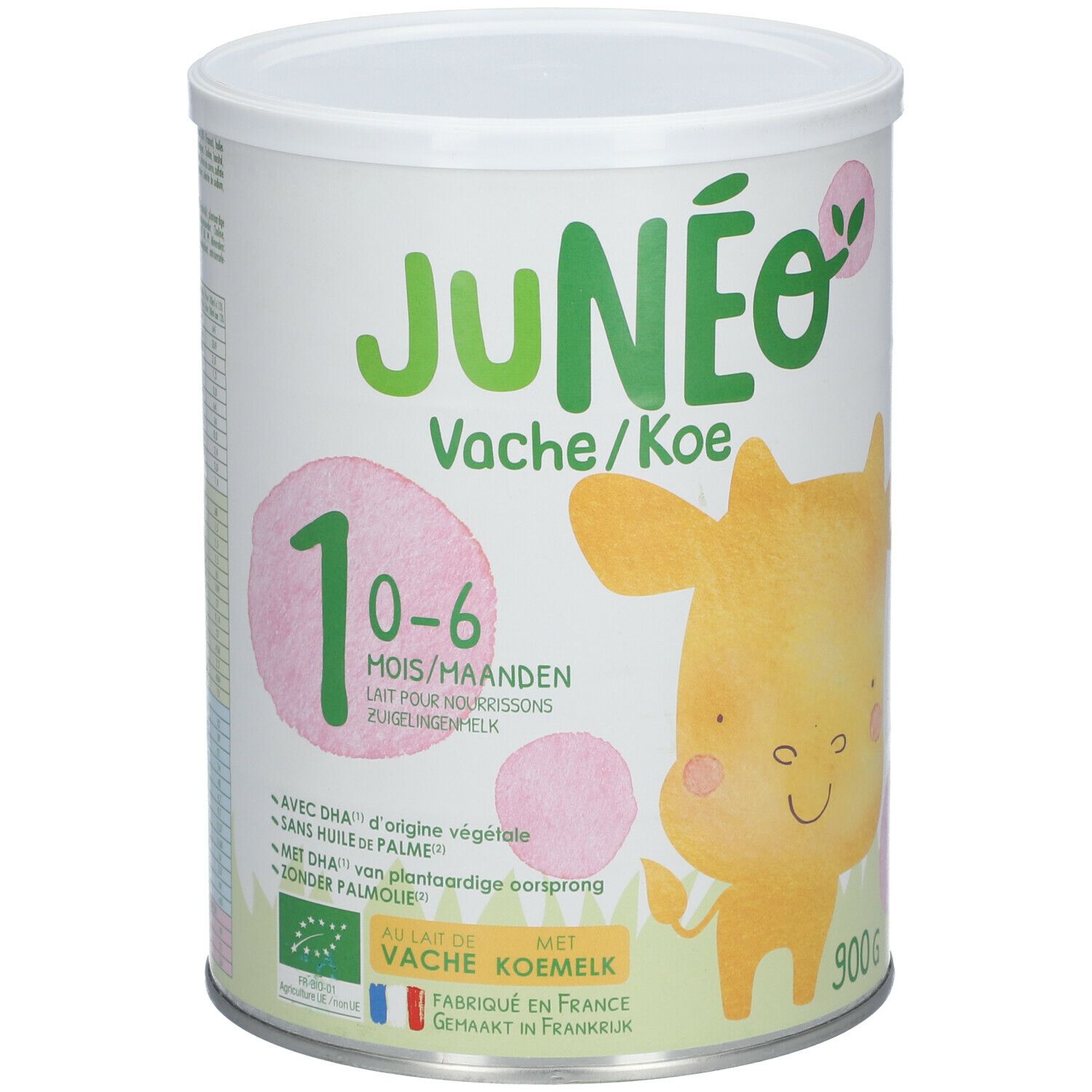 Junéo Vache 0-6 maanden. Blik met koe-illustratie, teksten in Duits, Frans, Nederlands. 900g.