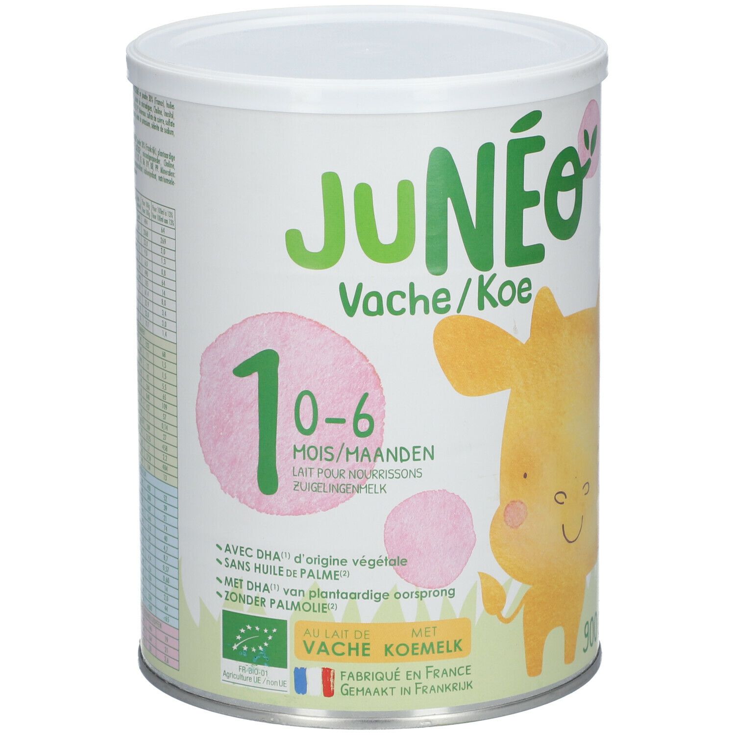 Junéo Vache 0-6 maanden. Blik met koe-illustratie, teksten in Duits, Frans, Nederlands. 900g.