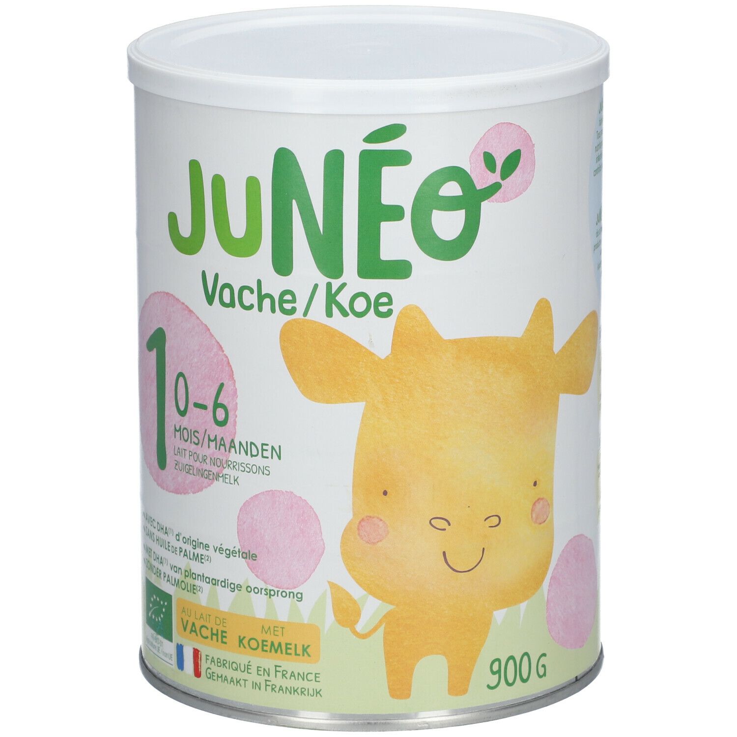 Junéo Vache 0-6 maanden. Blik met koe-illustratie, teksten in Duits, Frans, Nederlands. 900g.