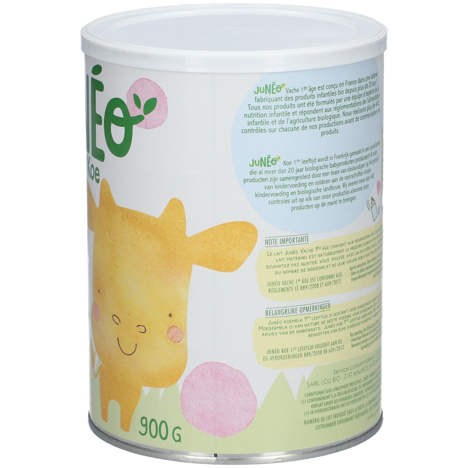 Junéo Vache 0-6 maanden. Achterkant van de blik met koe-illustratie, teksten in Duits, Frans, Nederlands. 900g.