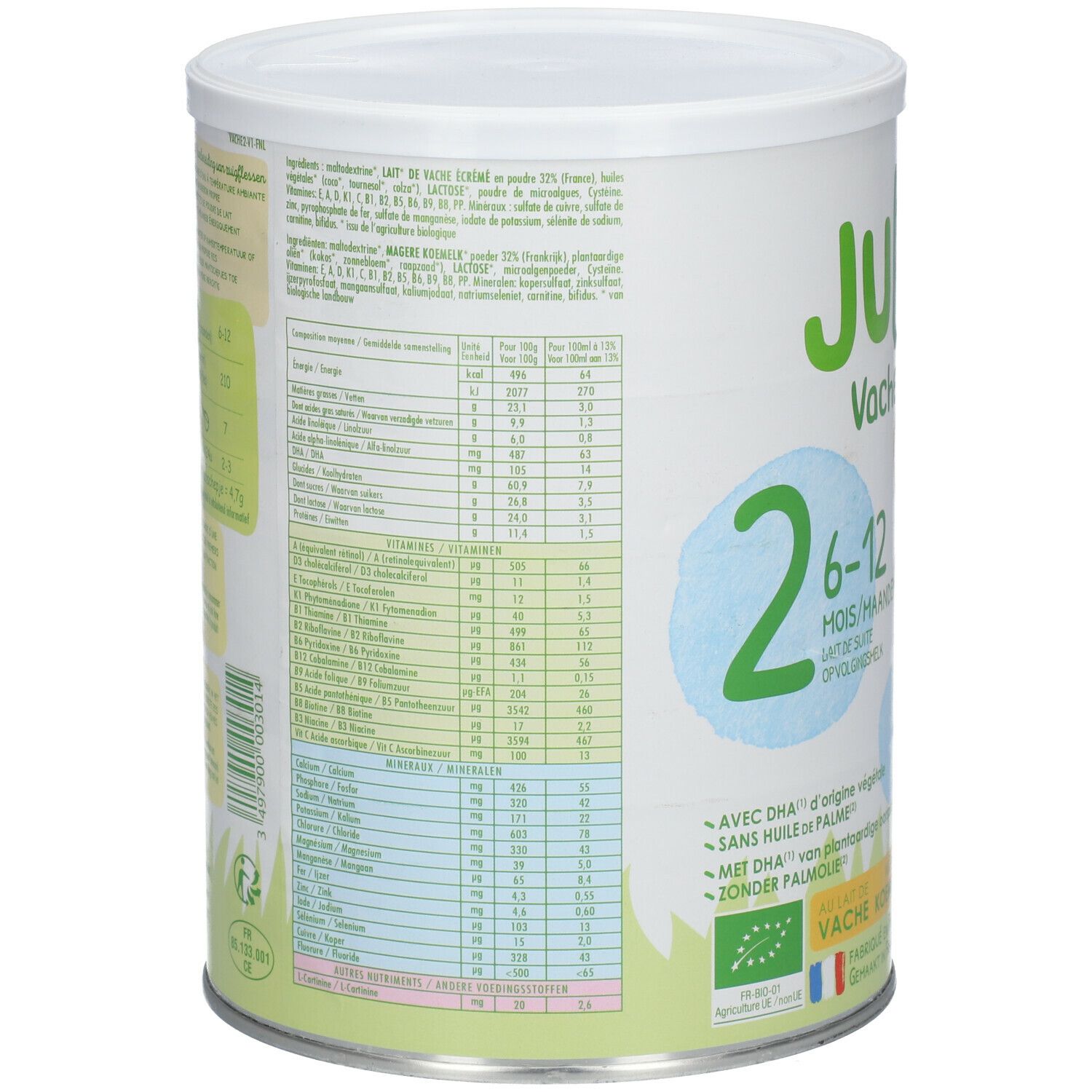 Blik Junéo Vache Säuglingsmilch 6-12 maanden. Wit blik met groene en blauwe elementen. Voedingswaarde en ingrediëntenlijst.