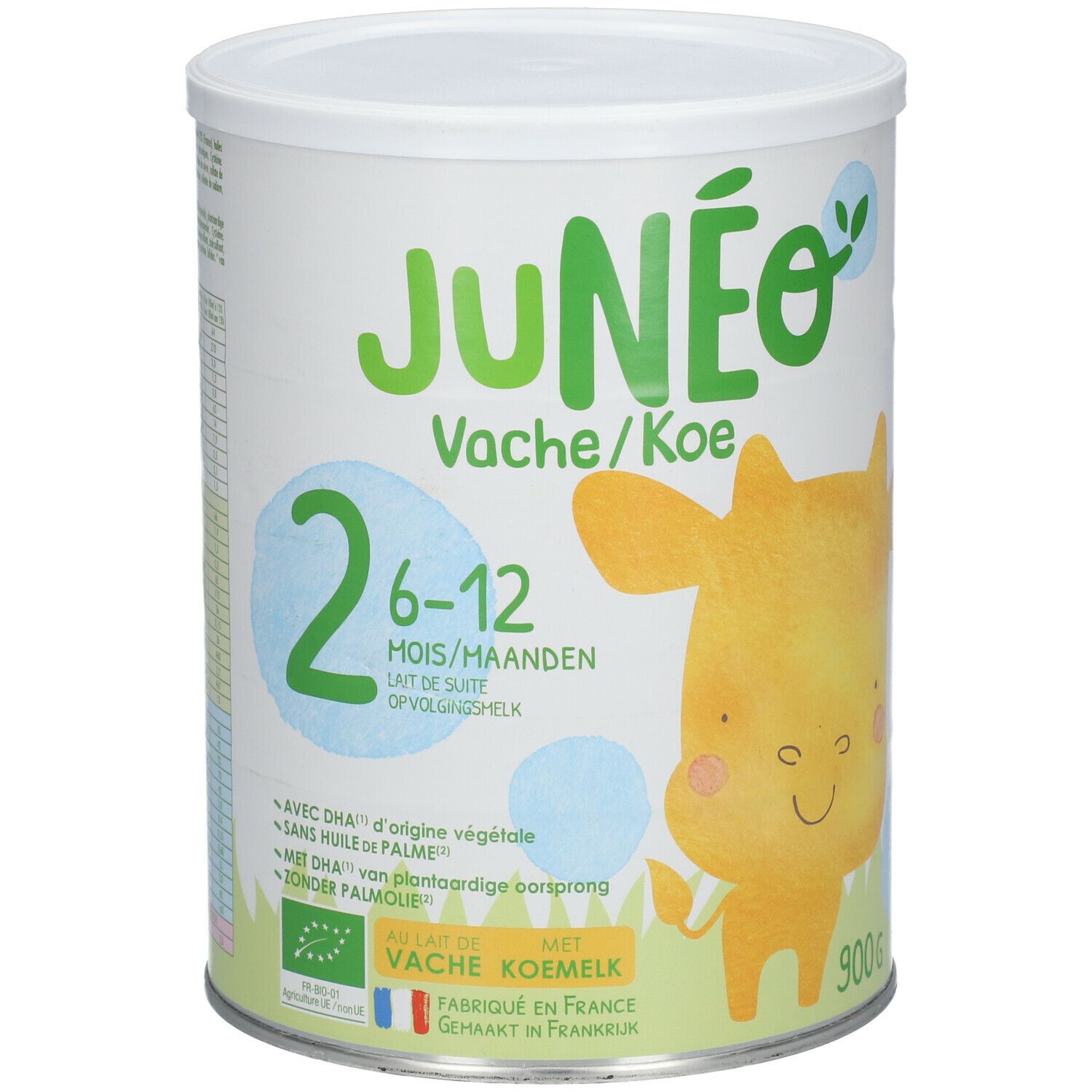 Blik Junéo Vache/Koe 6-12 maanden. Gele koe-illustratie. Opschrift '2 6-12 MOIS/MAANDEN'.