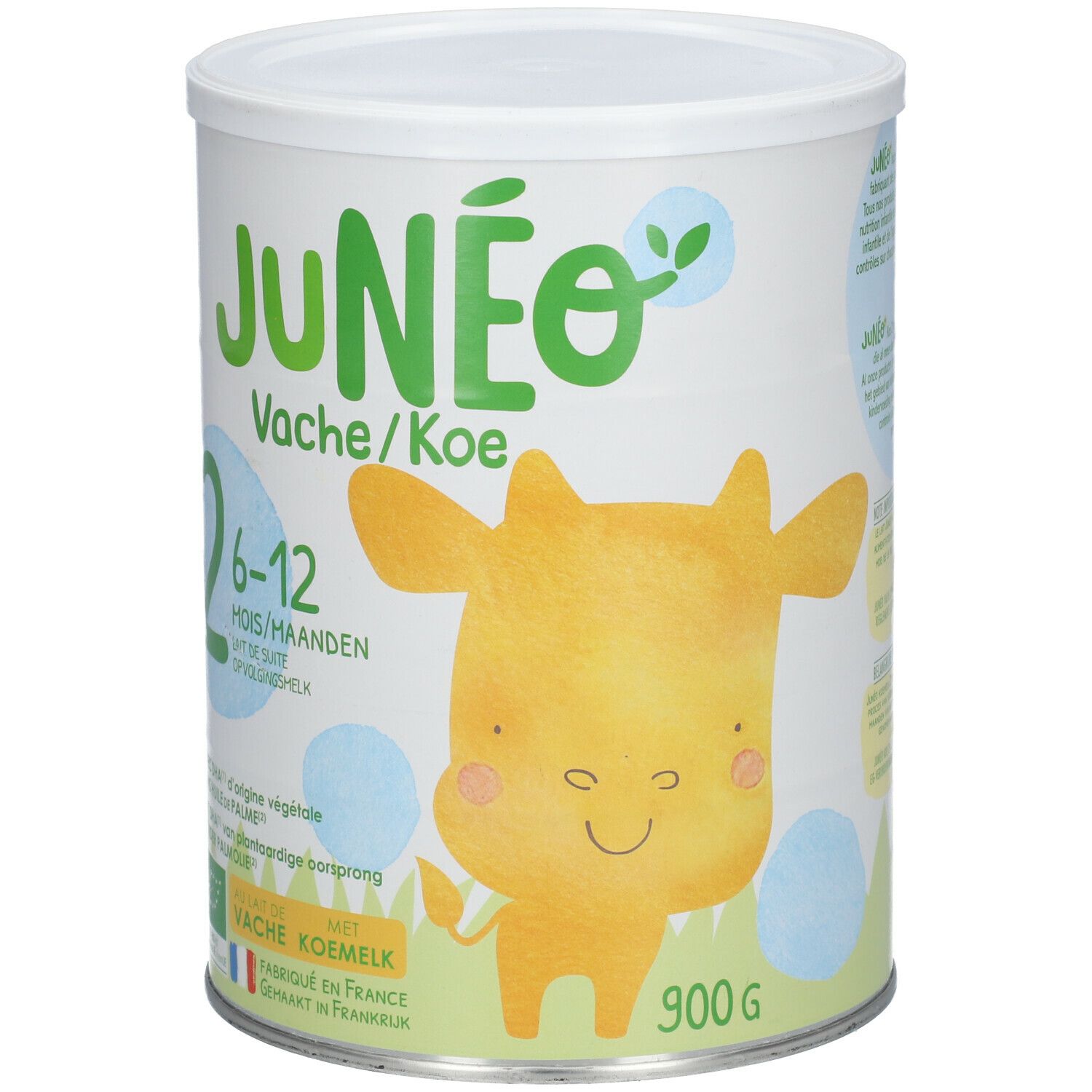Blik Junéo Vache/Koe 6-12 maanden. Gele koe-illustratie. Opschrift '900 g'. Gemaakt in Frankrijk.