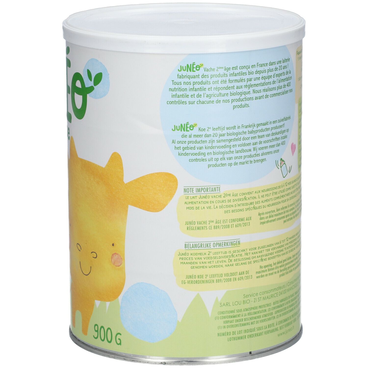Blik Junéo Vache/Koe. Gele koe-illustratie. Opschrift '900 g'. Tekst over biologische ingrediënten en herkomst.