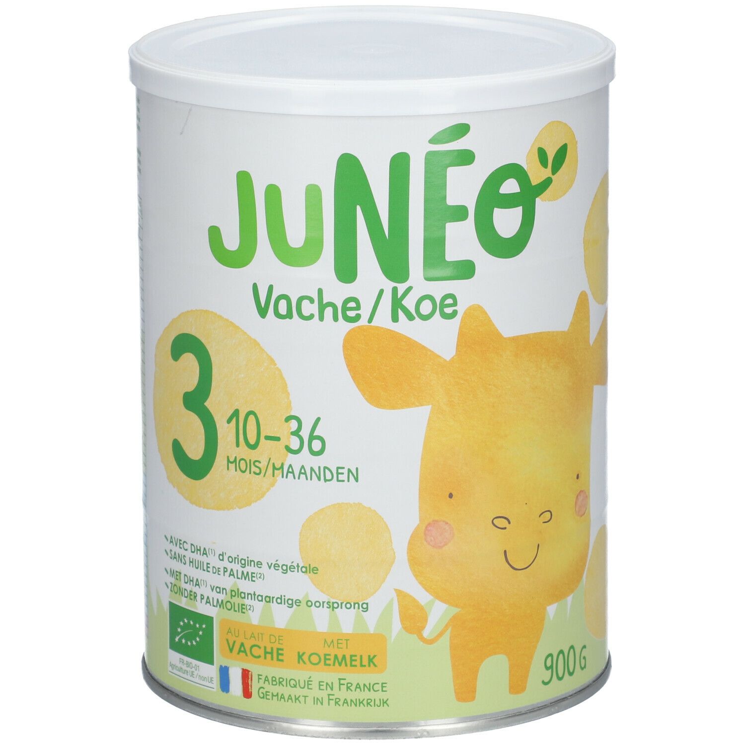 Blik Junéo Vache zuigelingenmelk 10-36 maanden. Groen-wit ontwerp met koe-illustratie. Bevat DHA en is zonder palmolie. 900g.