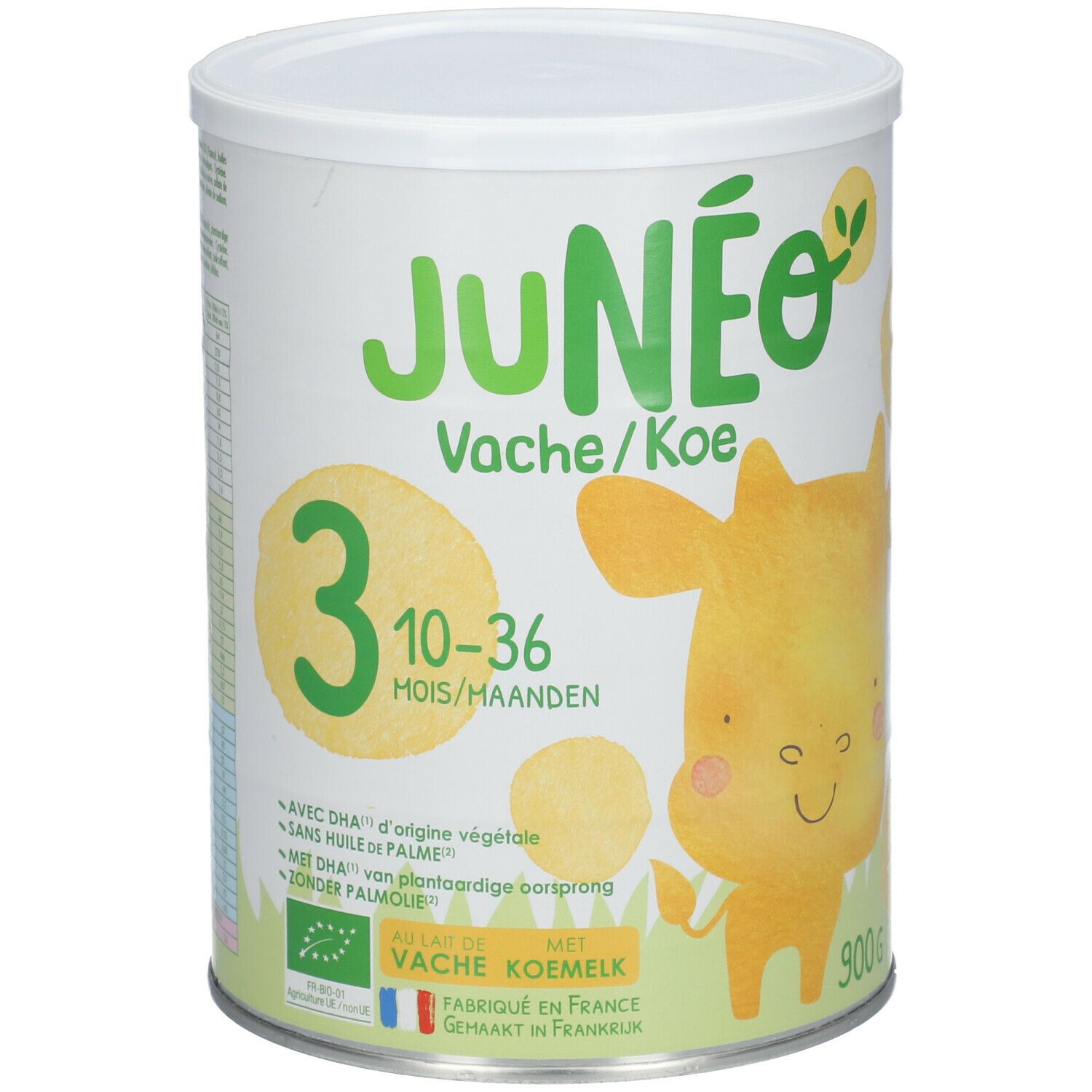 Blik Junéo Vache zuigelingenmelk 10-36 maanden. Groen-wit ontwerp met koe-illustratie. Bevat DHA en is zonder palmolie. 900g.