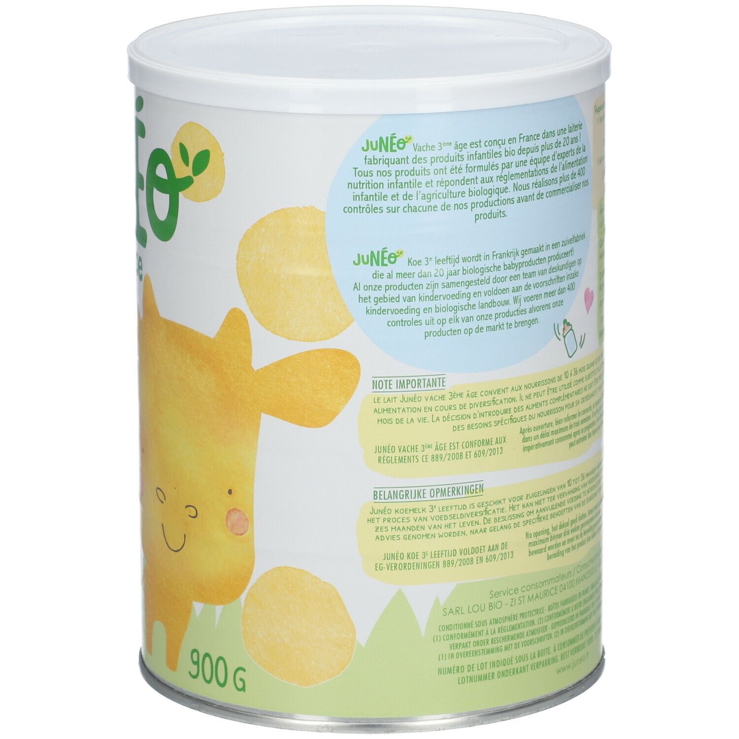 Achterkant van de Junéo Vache. Meertalige tekst. Koe-illustratie. 900g. Witte deksel.