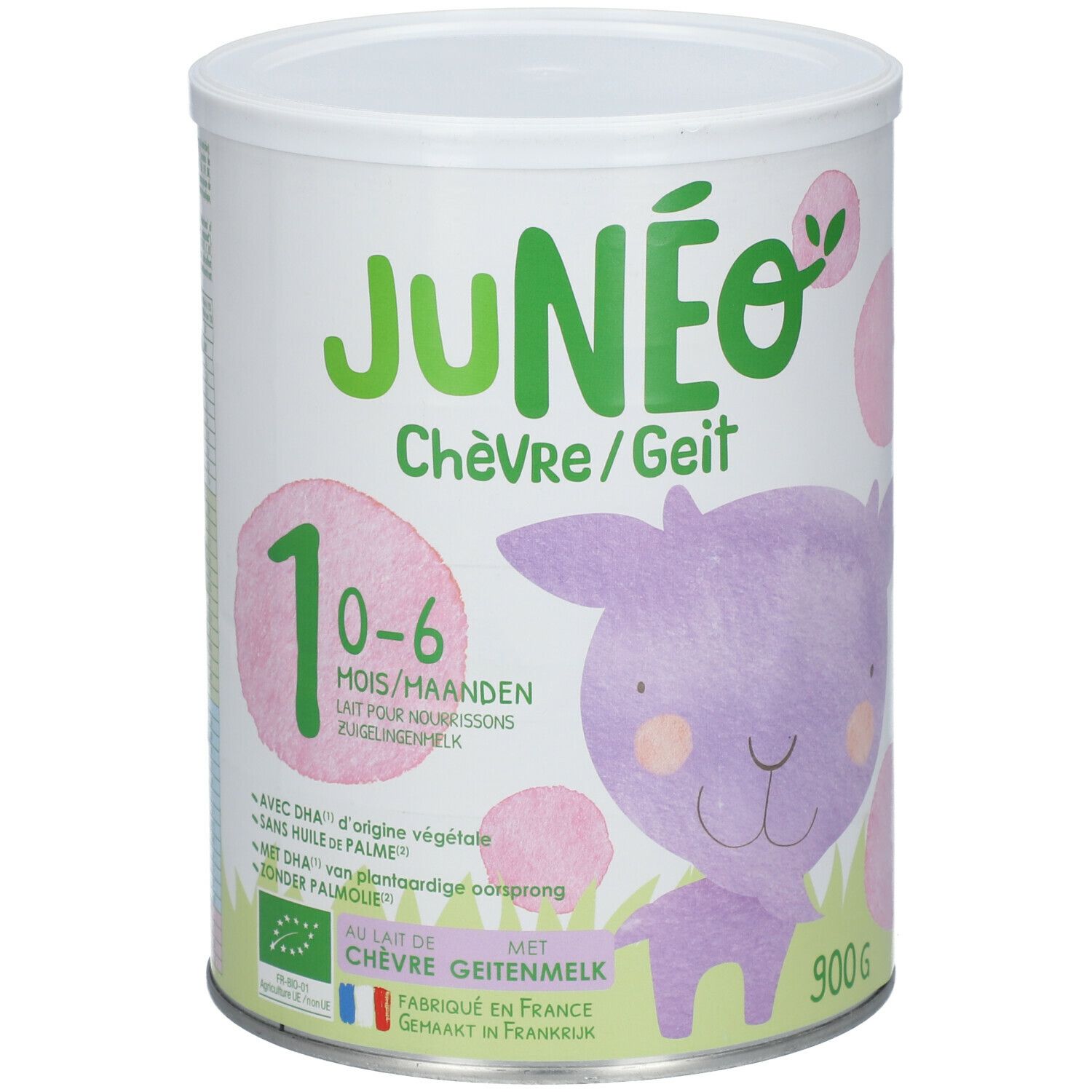 Boîte de lait Junéo 0-6 mois. Design vert et blanc, chèvre violette, texte: Chèvre/Geit, 1 0-6 Mois/Maanden, 900g.